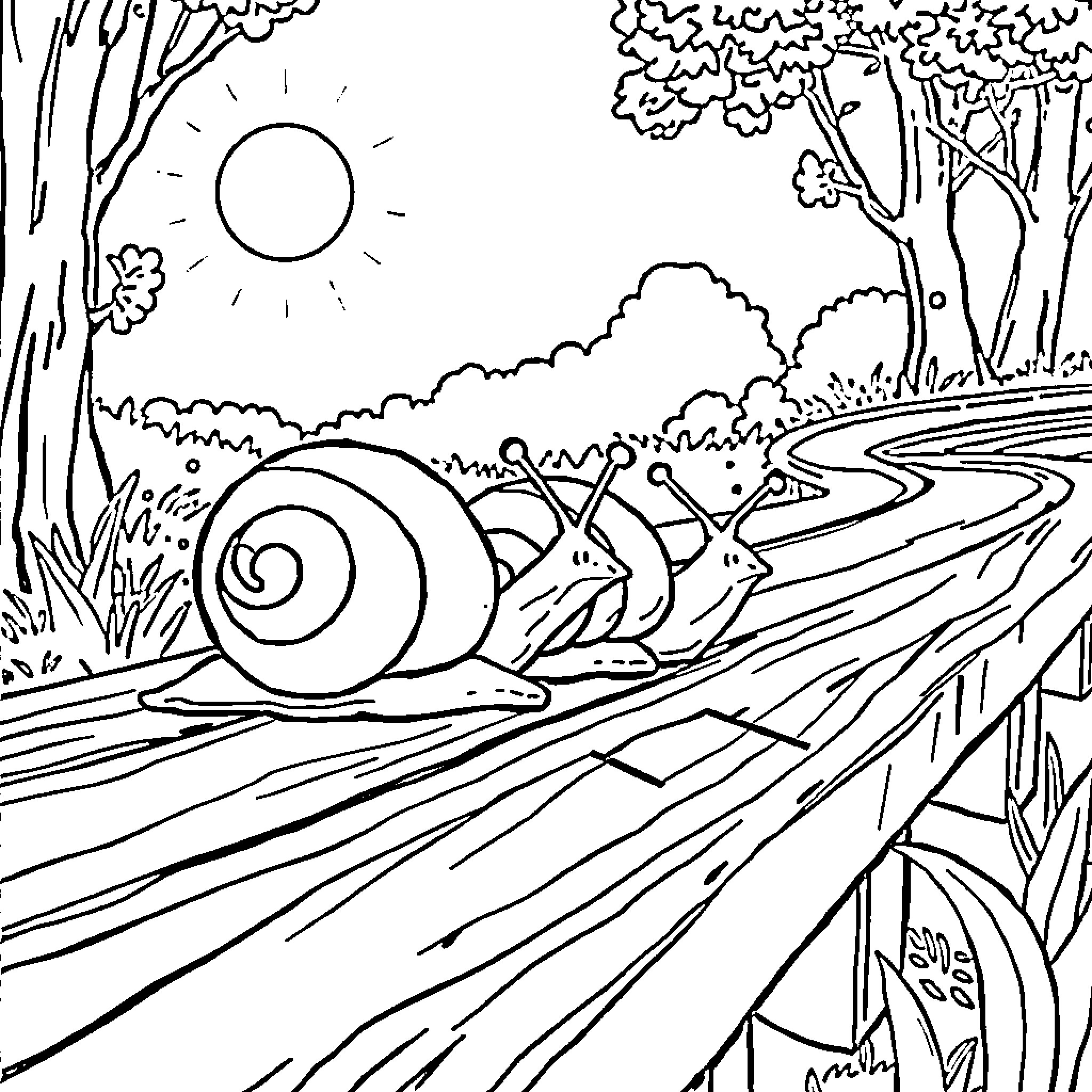 Snail crossing the path in the forest Coloring Page (free black-and-white line drawing printable PDF for all, from beginners to advanced learners, including children, teens, adults, and seniors)