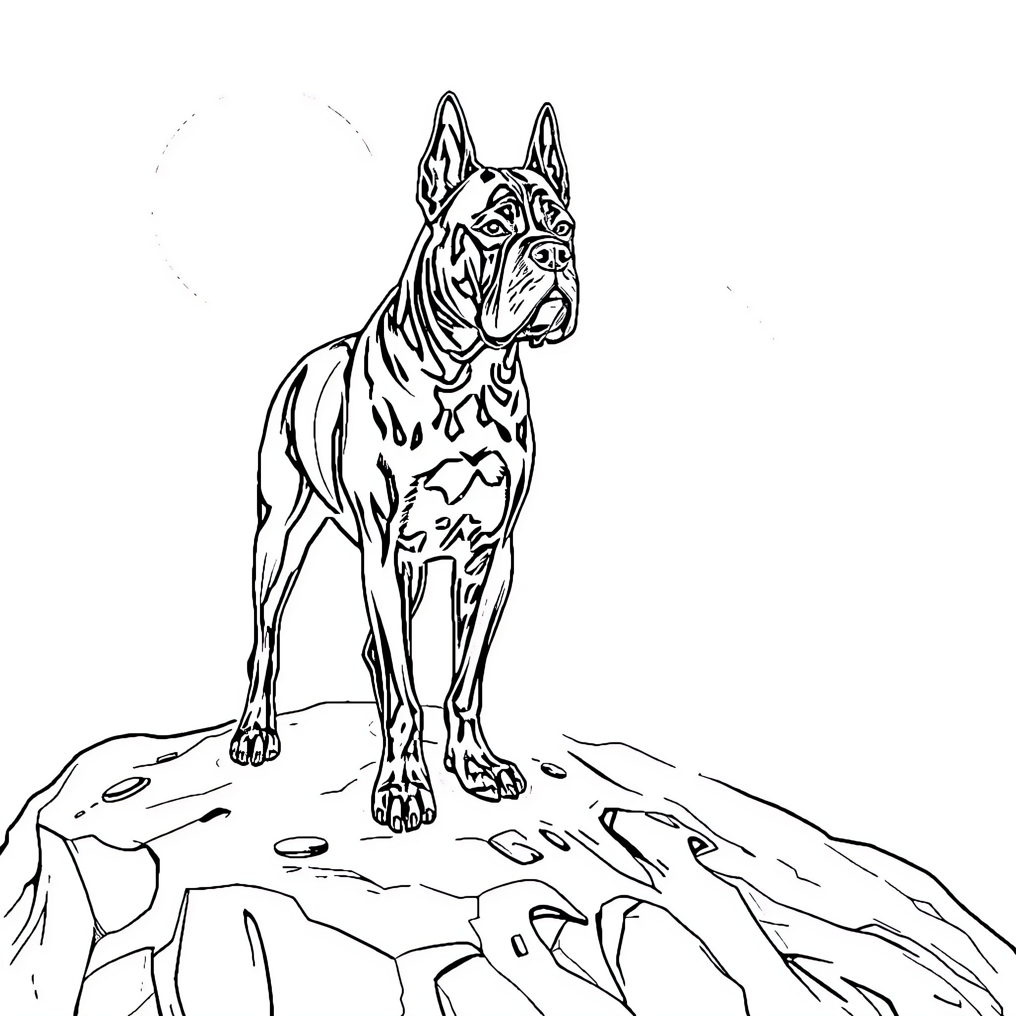 Cane Corso standing tall on rocky terrain Coloring Page (free black-and-white line drawing printable PDF for all, from beginners to advanced learners, including children, teens, adults, and seniors)