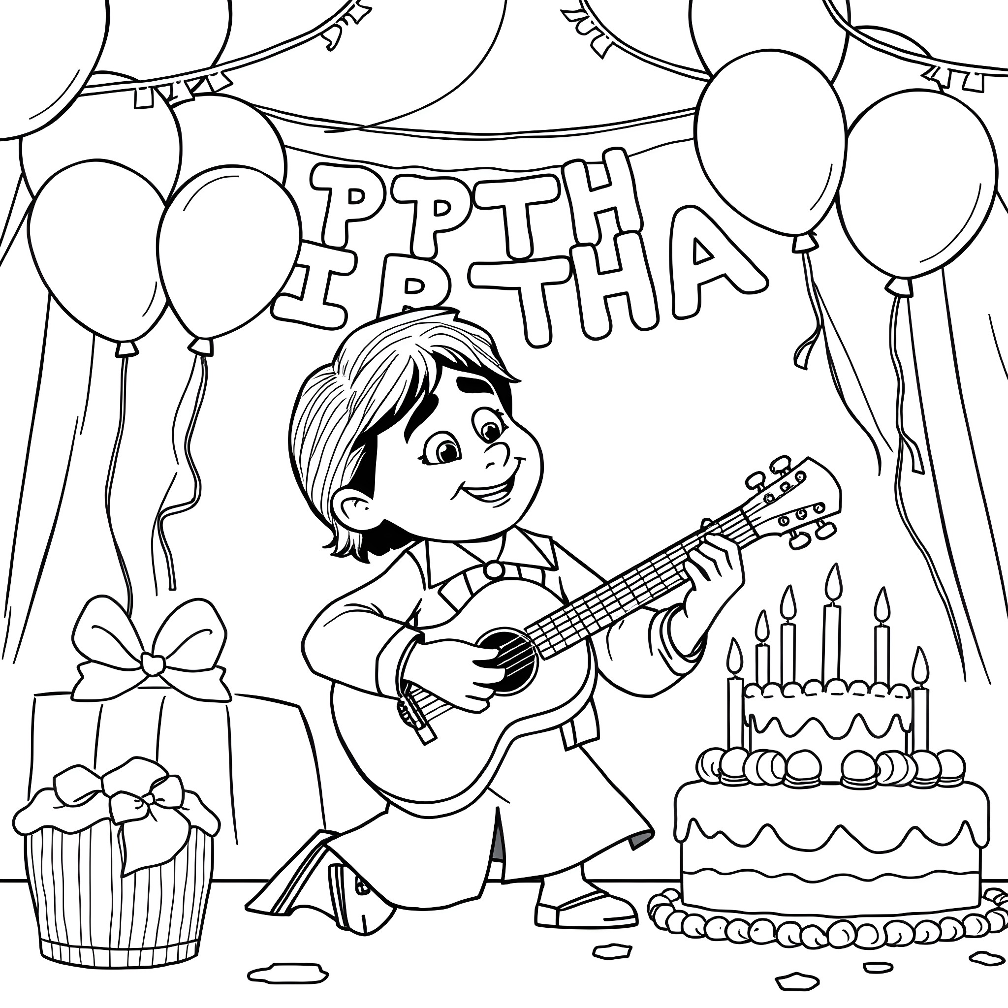 Coco celebrating a happy birthday with guitar, gifts, and balloons Coloring Page (free black-and-white line drawing printable PDF for all, from beginners to advanced learners, including children, teens, adults, and seniors)