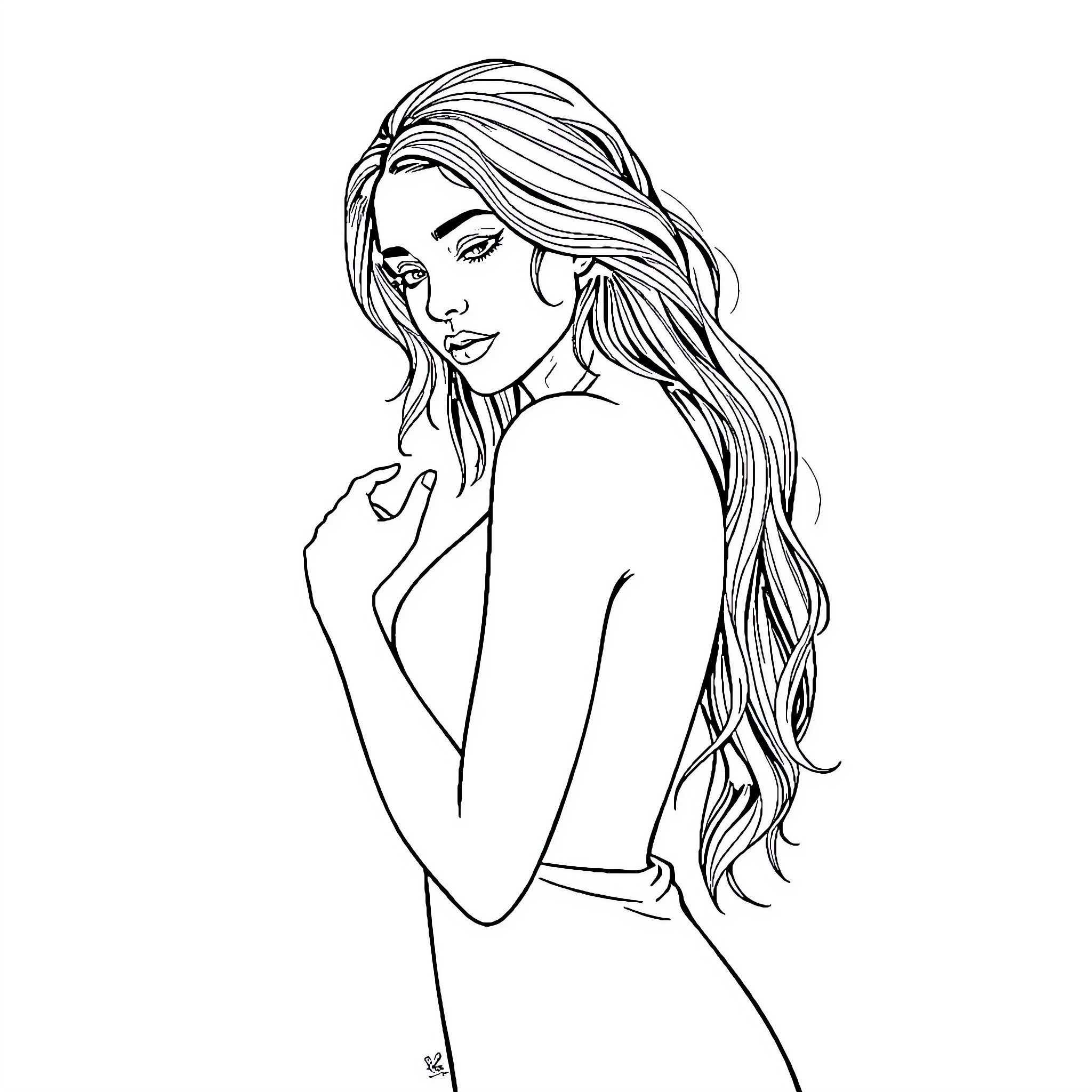 Snow White in a thoughtful pose with long wavy hair Coloring Page (free black-and-white line drawing printable PDF for all, from beginners to advanced learners, including children, teens, adults, and seniors)