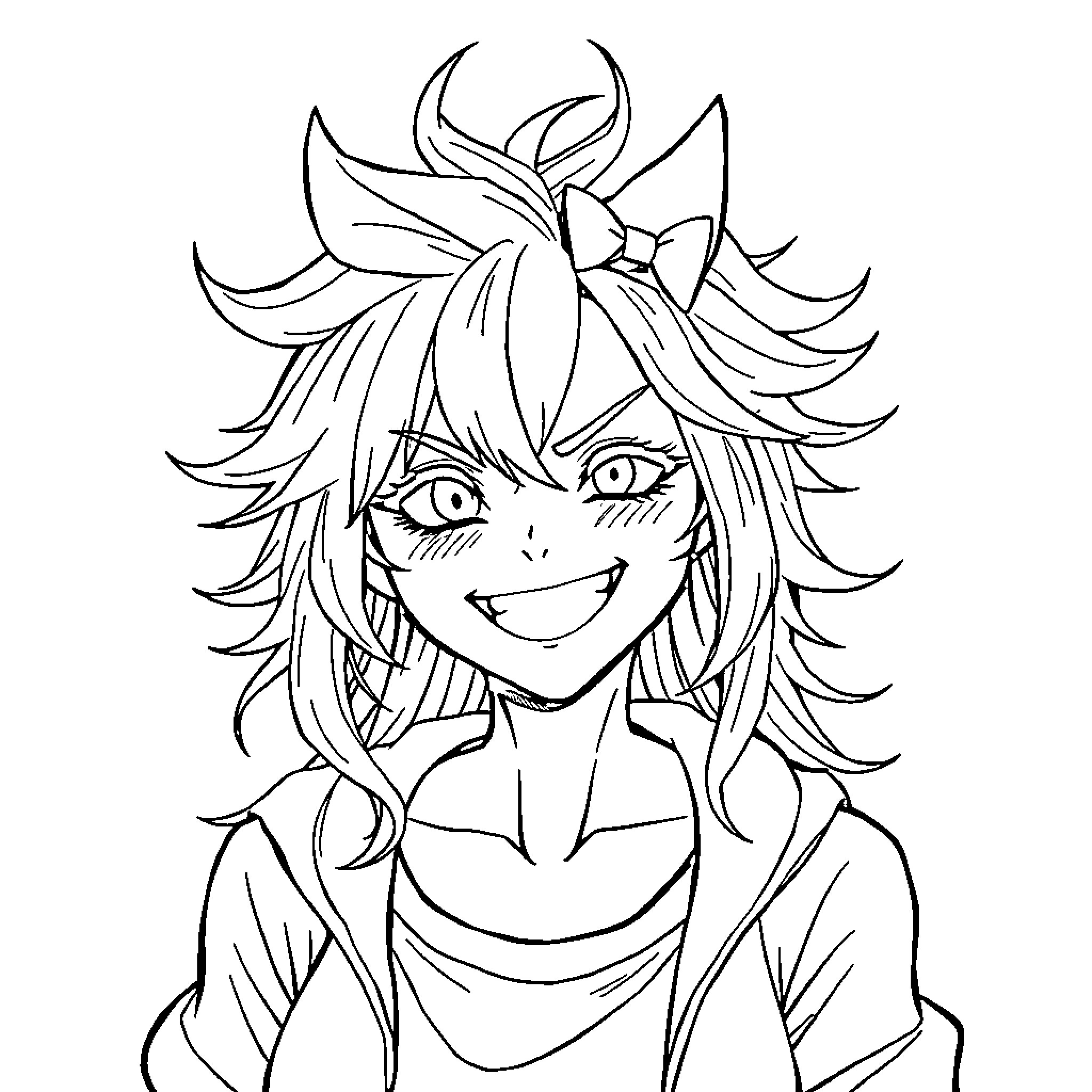 Himiko Toga smiling with mischievous expression Coloring Page (free black-and-white line drawing printable PDF for all, from beginners to advanced learners, including children, teens, adults, and seniors)