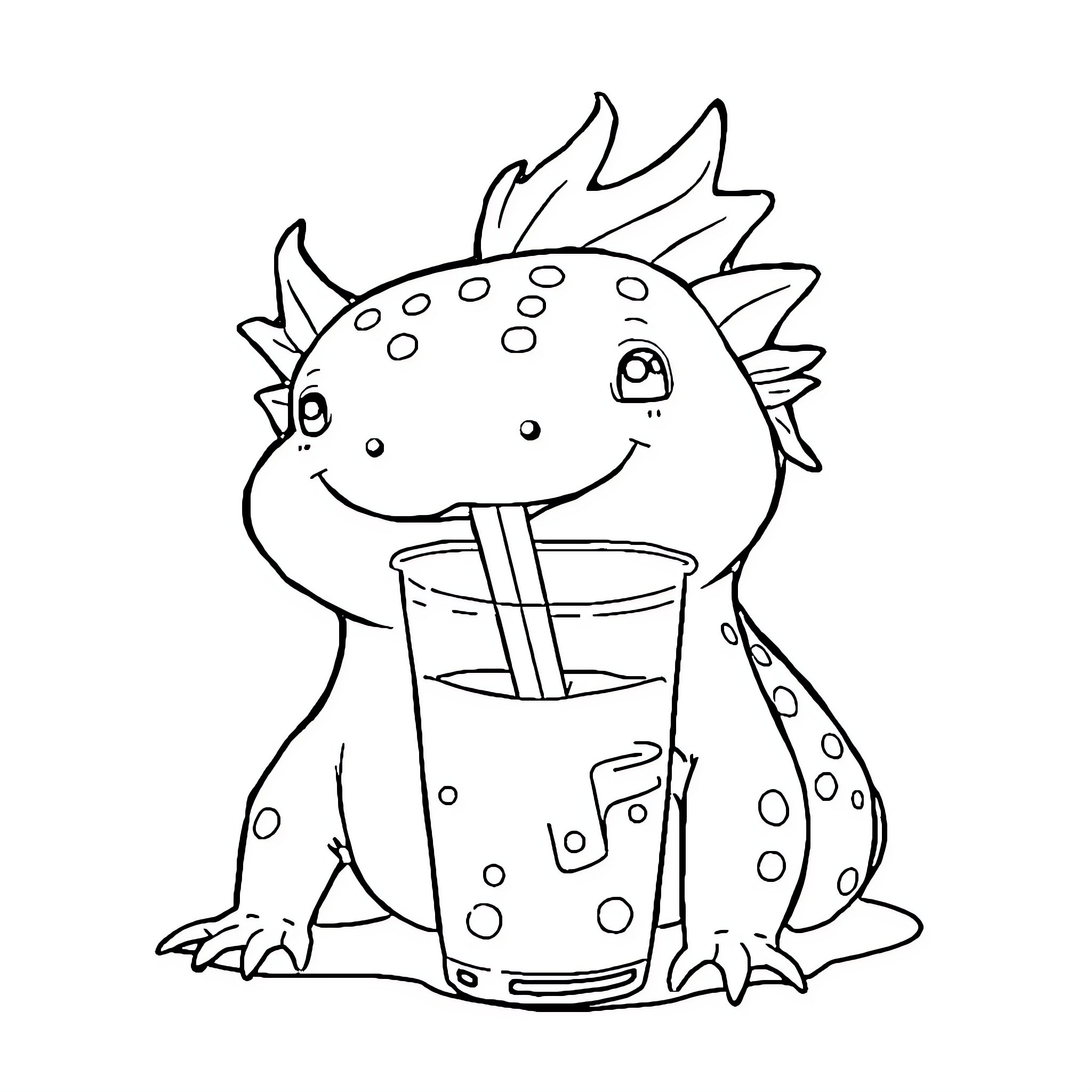 Axolotl enjoying a refreshing drink Coloring Page (free black-and-white line drawing printable PDF for all, from beginners to advanced learners, including children, teens, adults, and seniors)