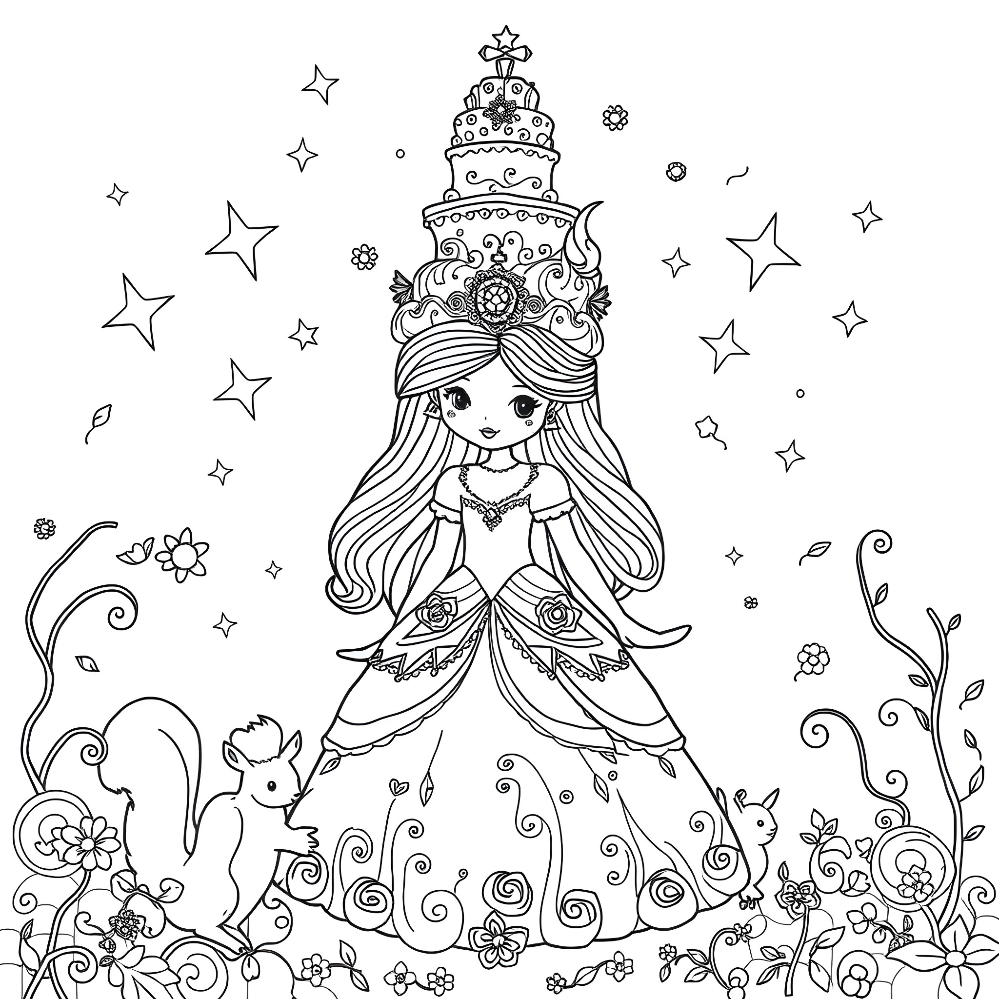 Princess in a Whimsical Floral Setting Coloring Page (free black-and-white line drawing printable PDF for all, from beginners to advanced learners, including children, teens, adults, and seniors)