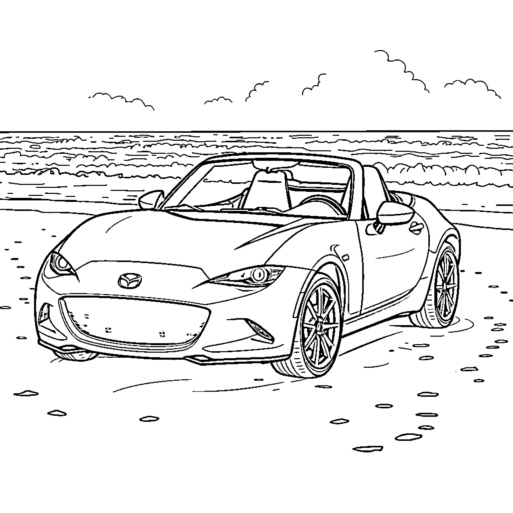 Mazda Miata driving on the beach Coloring Page (free black-and-white line drawing printable PDF for all, from beginners to advanced learners, including children, teens, adults, and seniors)