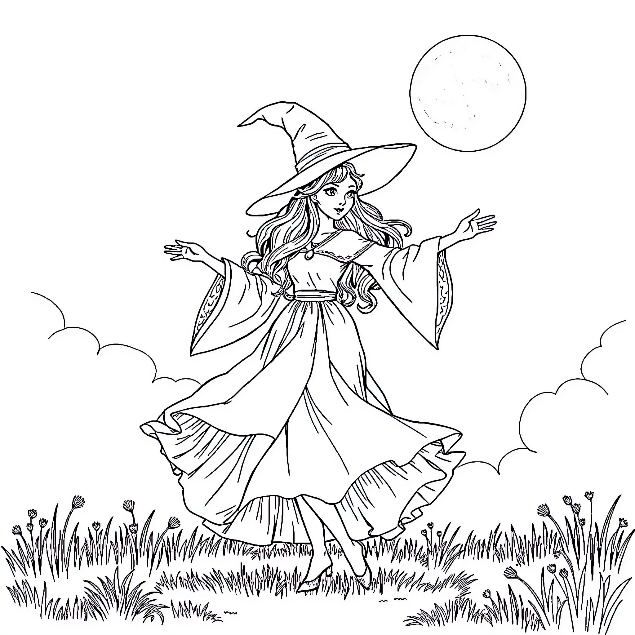 Witch Dancing Joyfully Under the Moonlight Coloring Page (free black-and-white line drawing printable PDF for all, from beginners to advanced learners, including children, teens, adults, and seniors)