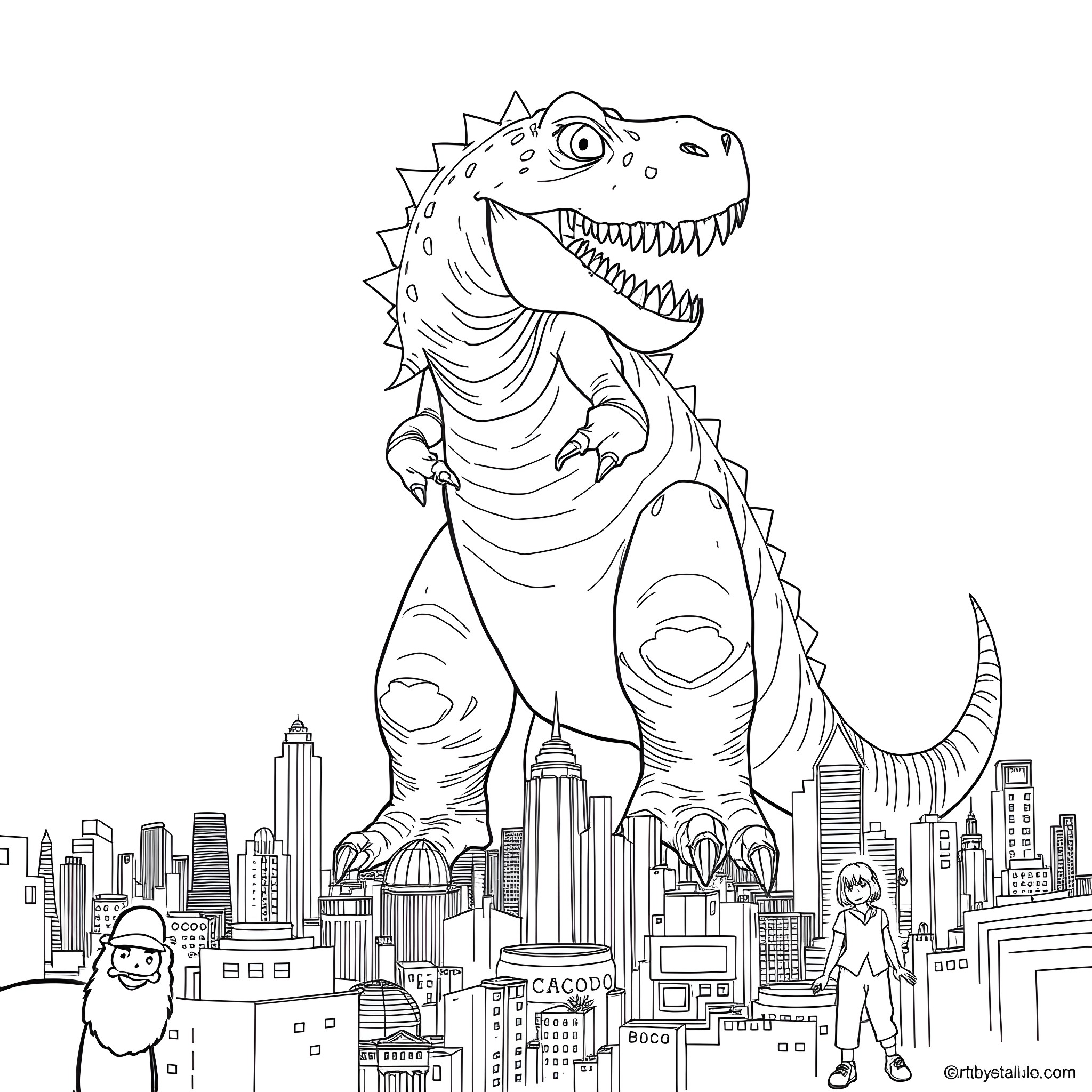 Godzilla Attacks the City with Destruction Coloring Page (free black-and-white line drawing printable PDF for all, from beginners to advanced learners, including children, teens, adults, and seniors)
