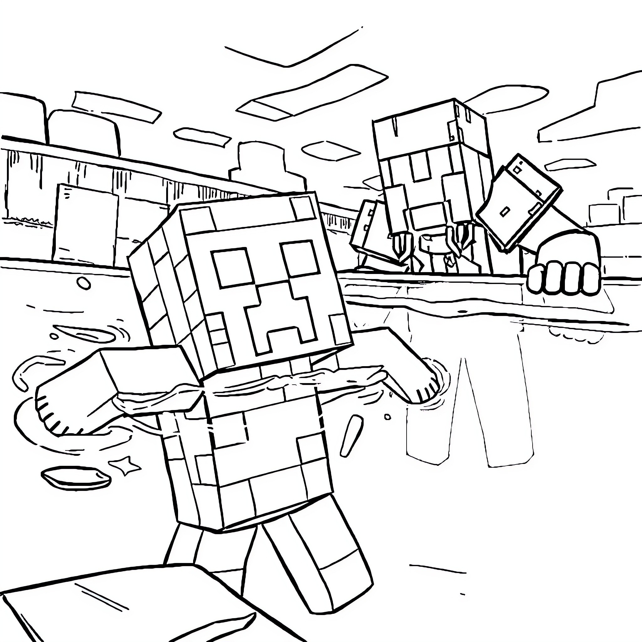Creeper Chaos in a Blocky Landscape Coloring Page (free black-and-white line drawing printable PDF for all, from beginners to advanced learners, including children, teens, adults, and seniors)