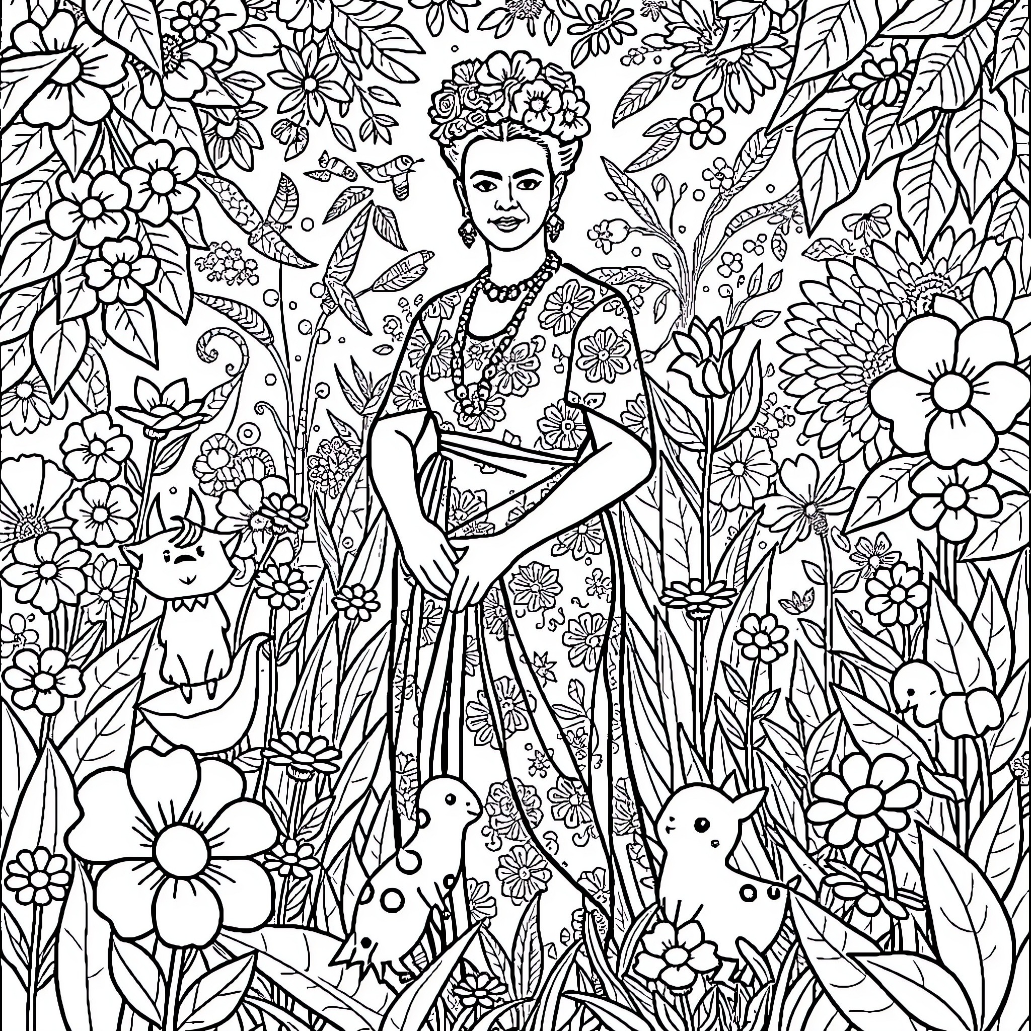 Frida Kahlo surrounded by vibrant floral and fauna Coloring Page (free black-and-white line drawing printable PDF for all, from beginners to advanced learners, including children, teens, adults, and seniors)