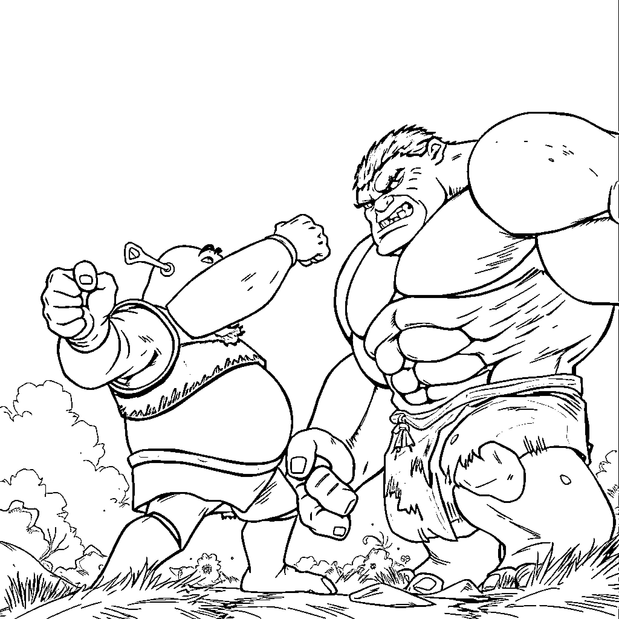 Shrek vs Ogre in Outdoor Battle Coloring Page (free black-and-white line drawing printable PDF for all, from beginners to advanced learners, including children, teens, adults, and seniors)