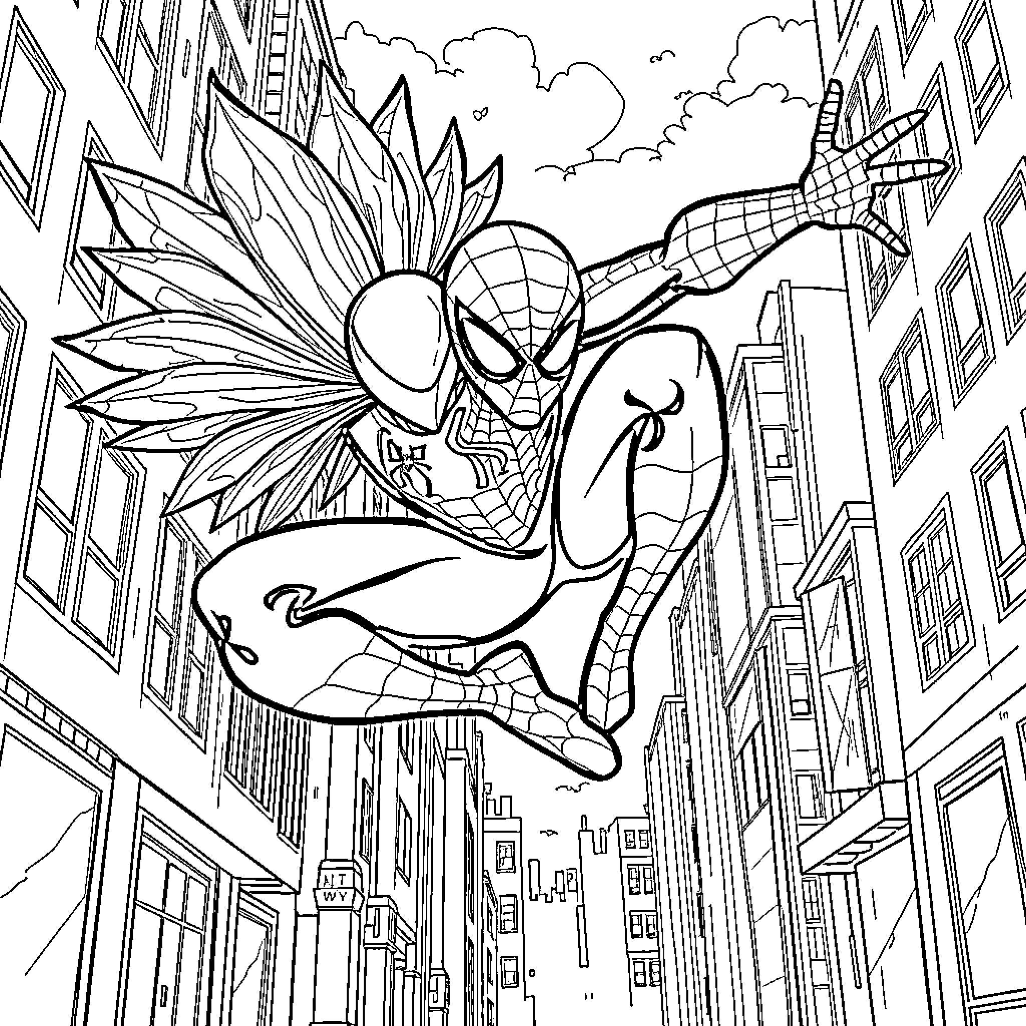 Spiderman swinging through the city skyline Coloring Page (free black-and-white line drawing printable PDF for all, from beginners to advanced learners, including children, teens, adults, and seniors)