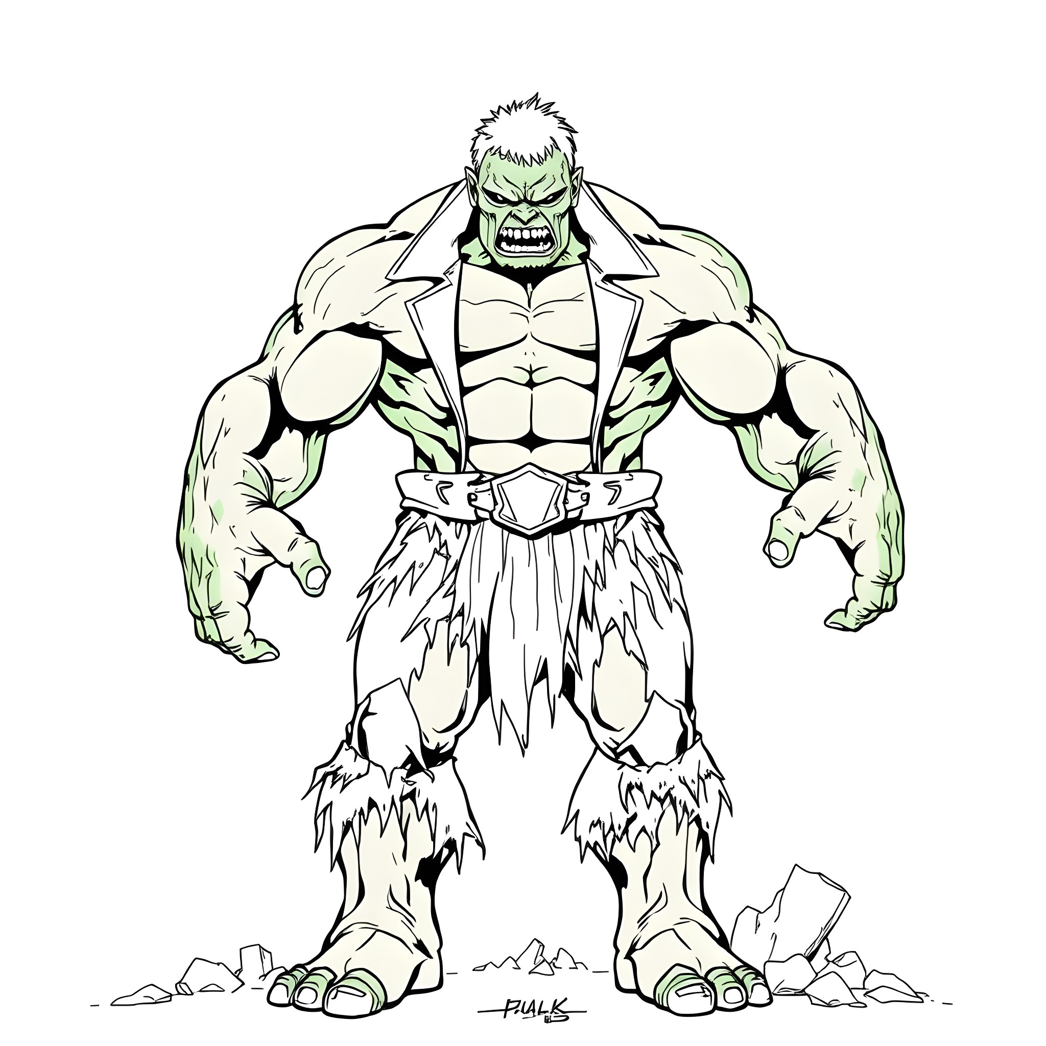 Hulk Smashing Through Debris in Rage Coloring Page (free black-and-white line drawing printable PDF for all, from beginners to advanced learners, including children, teens, adults, and seniors)
