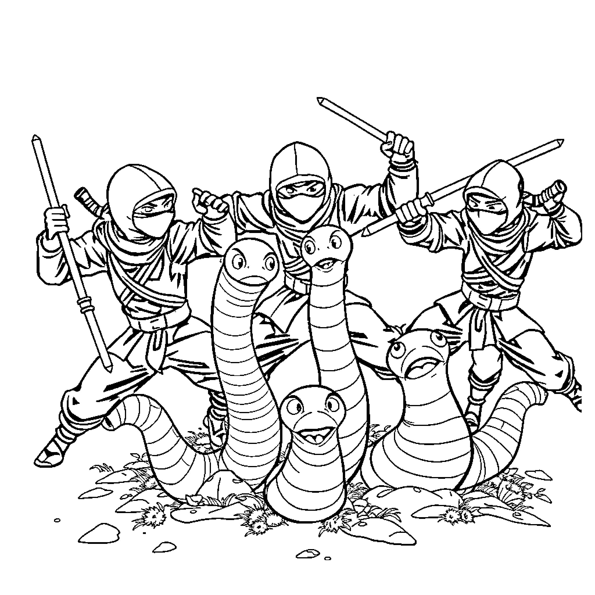 Ninja warriors in action with comical creatures Coloring Page (free black-and-white line drawing printable PDF for all, from beginners to advanced learners, including children, teens, adults, and seniors)