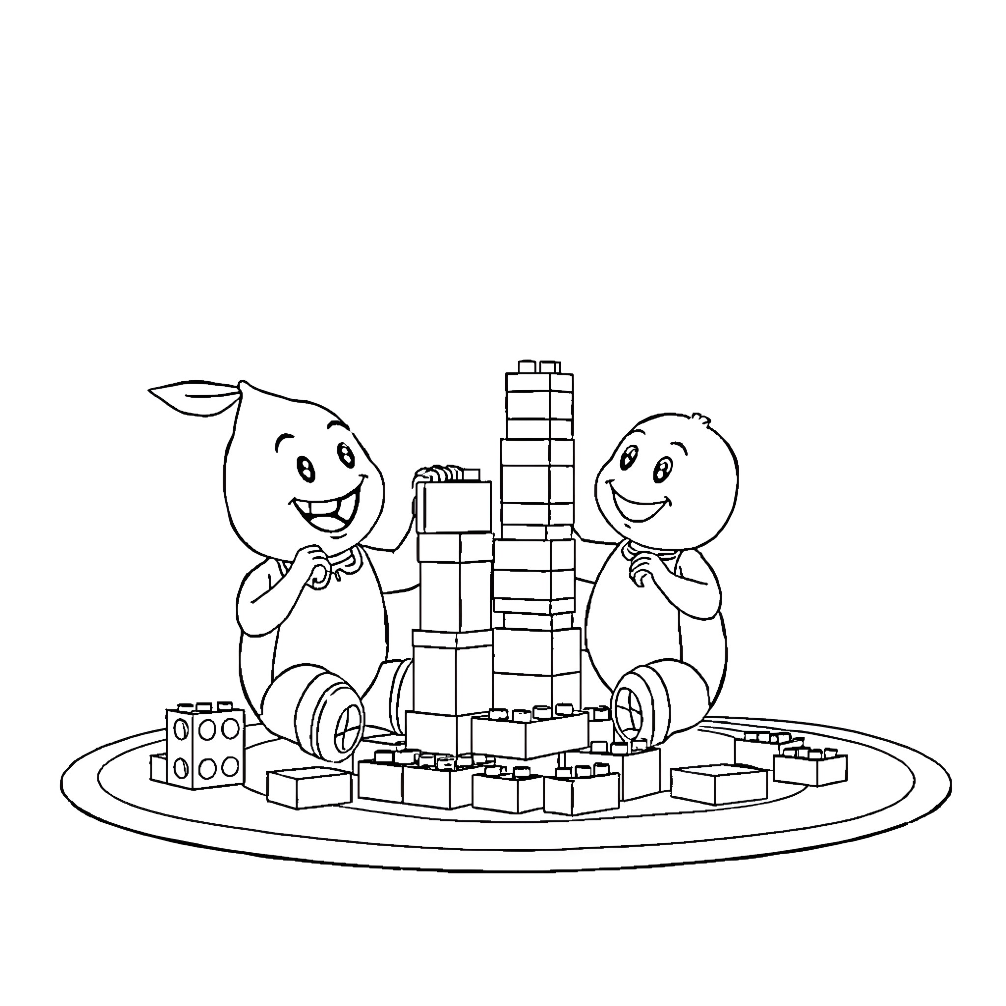 Lemon characters building tower with blocks Coloring Page (free black-and-white line drawing printable PDF for all, from beginners to advanced learners, including children, teens, adults, and seniors)