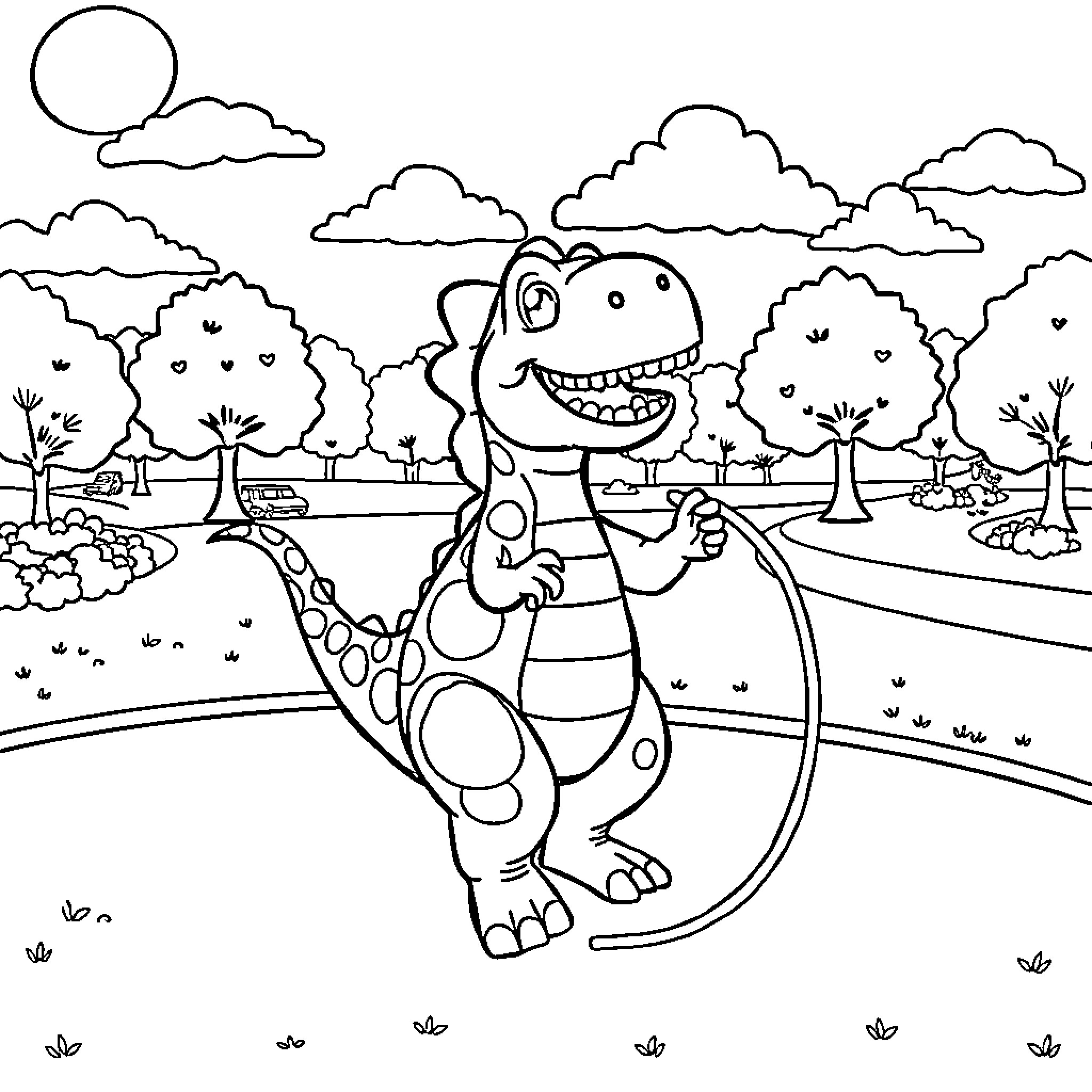 Dinosaur jumping happily in a nature scene Coloring Page (free black-and-white line drawing printable PDF for all, from beginners to advanced learners, including children, teens, adults, and seniors)