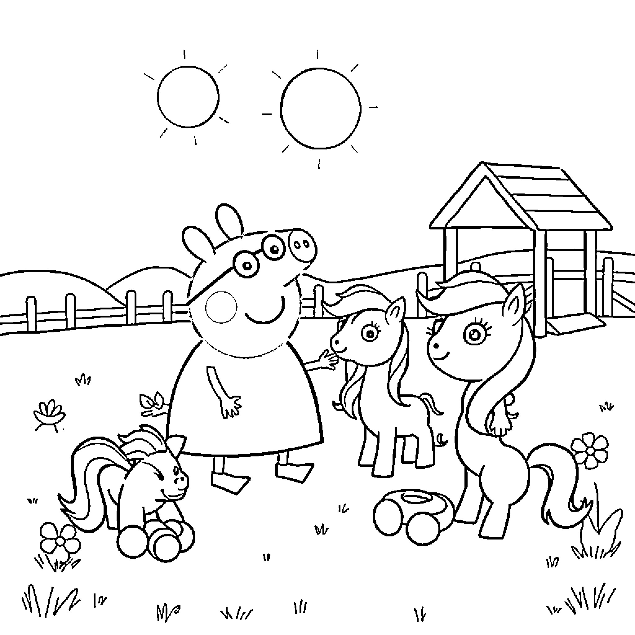 Peppa Pig and friends explore a farm scene Coloring Page (free black-and-white line drawing printable PDF for all, from beginners to advanced learners, including children, teens, adults, and seniors)