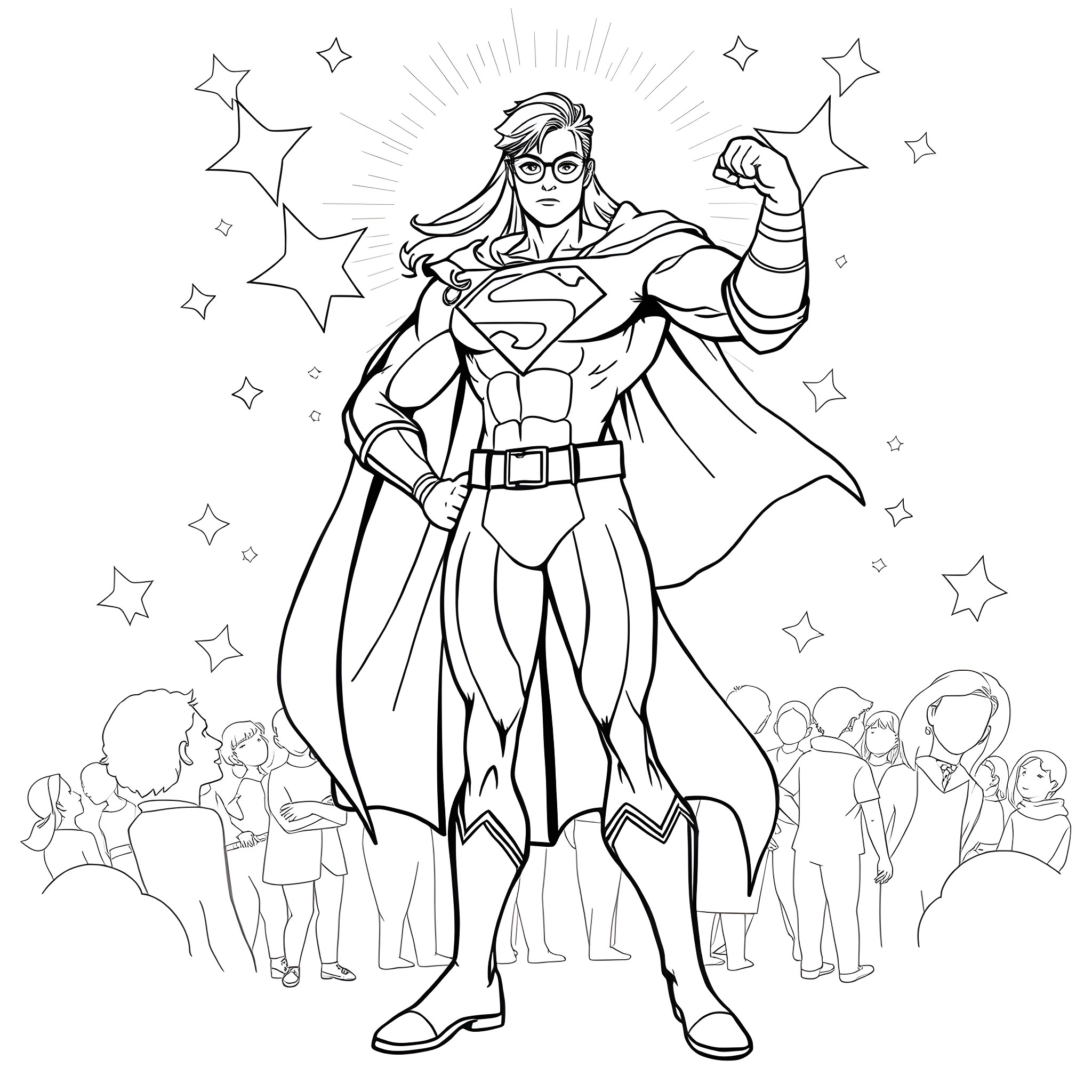 Autism Superhero Inspiring the Community with Strength and Courage Coloring Page (free black-and-white line drawing printable PDF for all, from beginners to advanced learners, including children, teens, adults, and seniors)