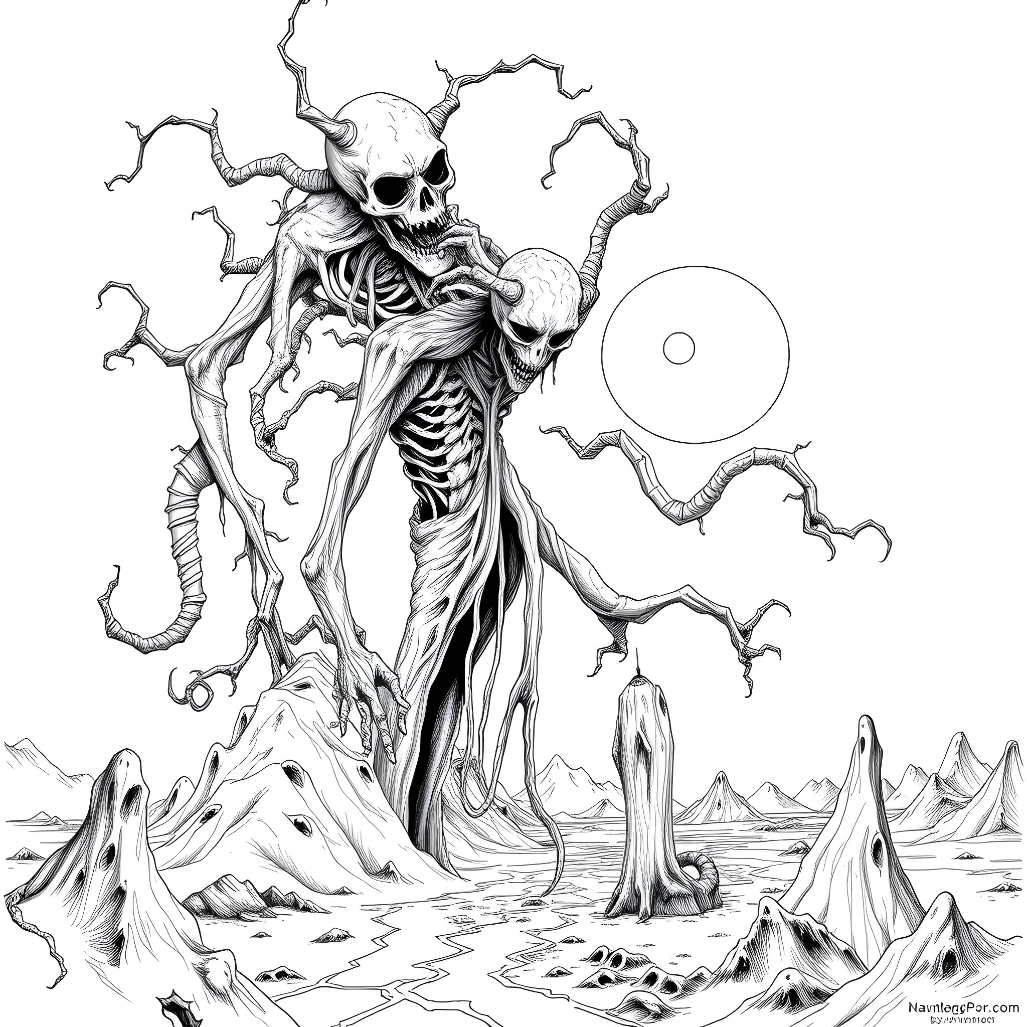 Junji Ito's Surreal Skeletal Entity in Desolate Landscape Coloring Page (free black-and-white line drawing printable PDF for all, from beginners to advanced learners, including children, teens, adults, and seniors)
