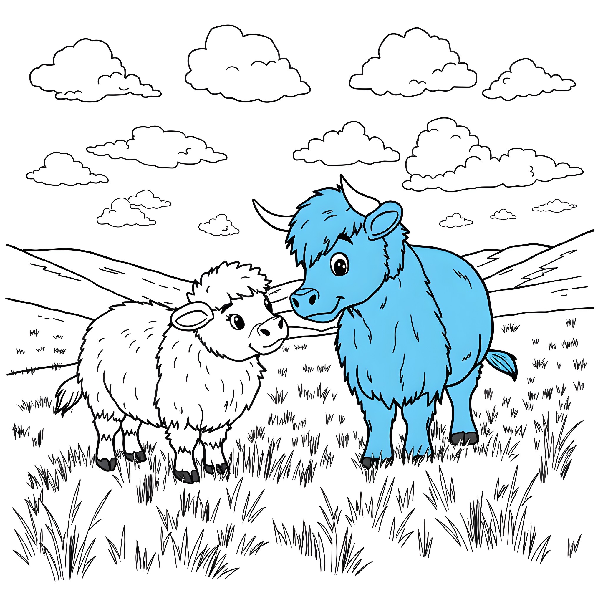 Bluey's playful mountain adventure with fluffy sheep Coloring Page (free black-and-white line drawing printable PDF for all, from beginners to advanced learners, including children, teens, adults, and seniors)