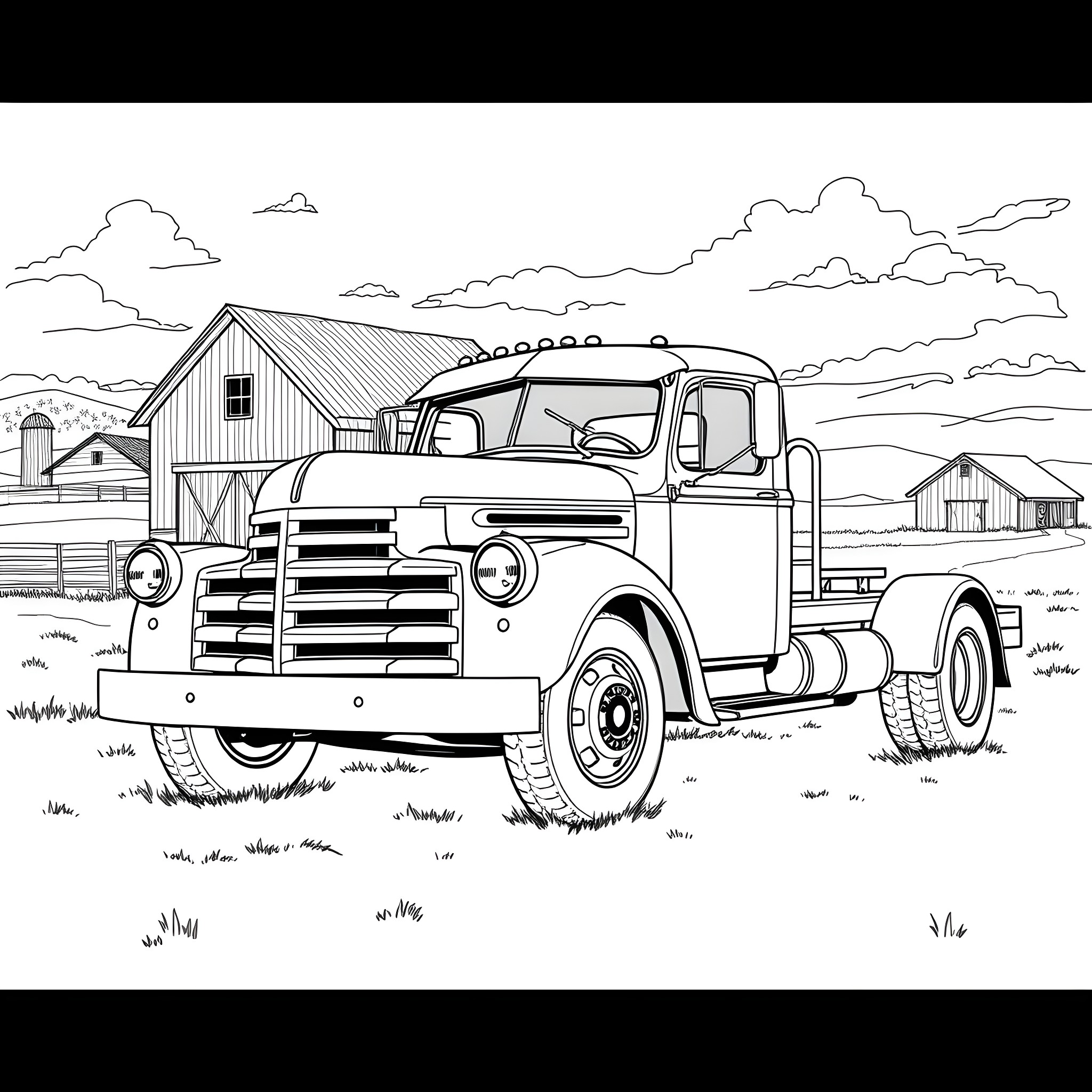 Truck hauling supplies on rural countryside road Coloring Page (free black-and-white line drawing printable PDF for all, from beginners to advanced learners, including children, teens, adults, and seniors)