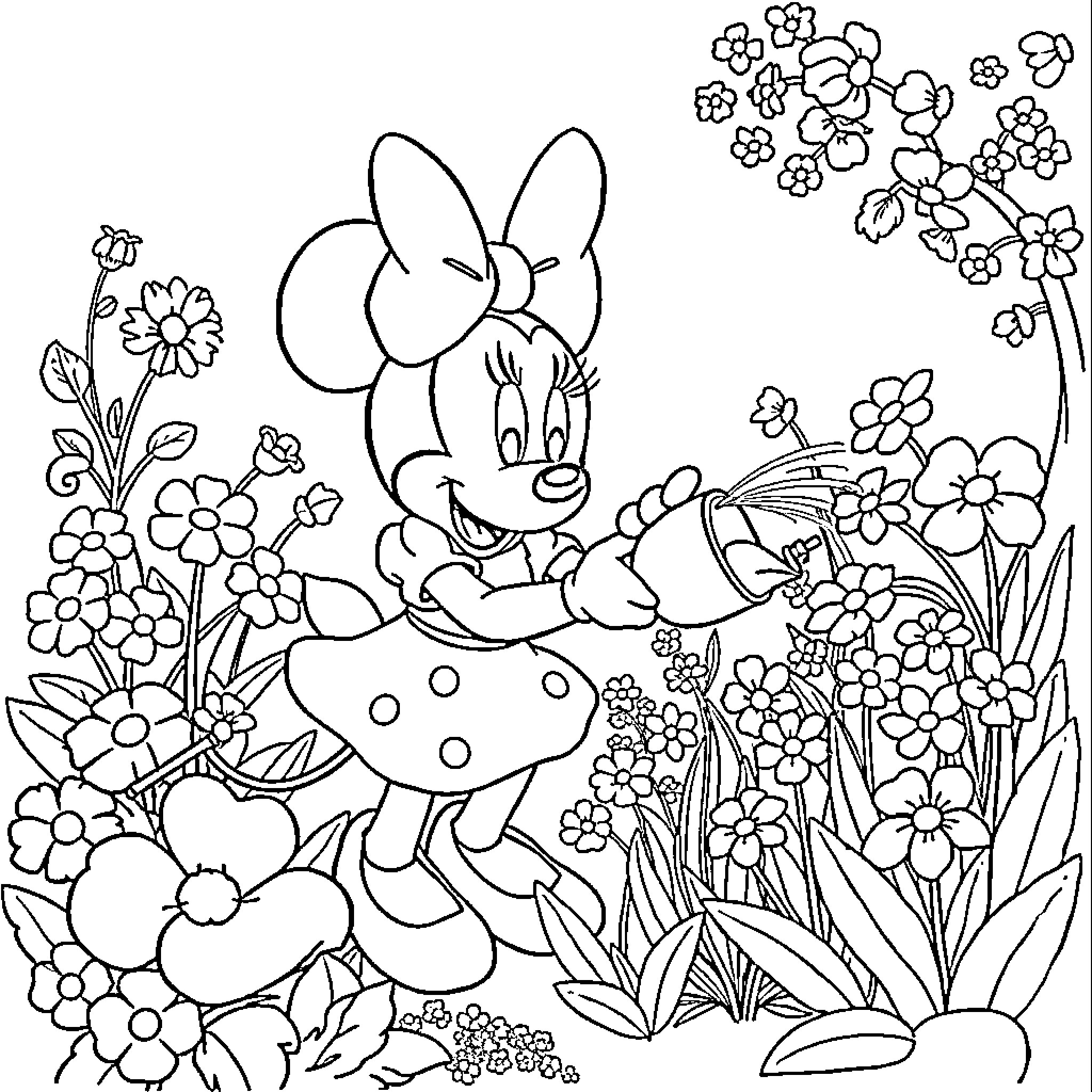 Minnie Mouse in a Floral Garden Coloring Page (free black-and-white line drawing printable PDF for all, from beginners to advanced learners, including children, teens, adults, and seniors)