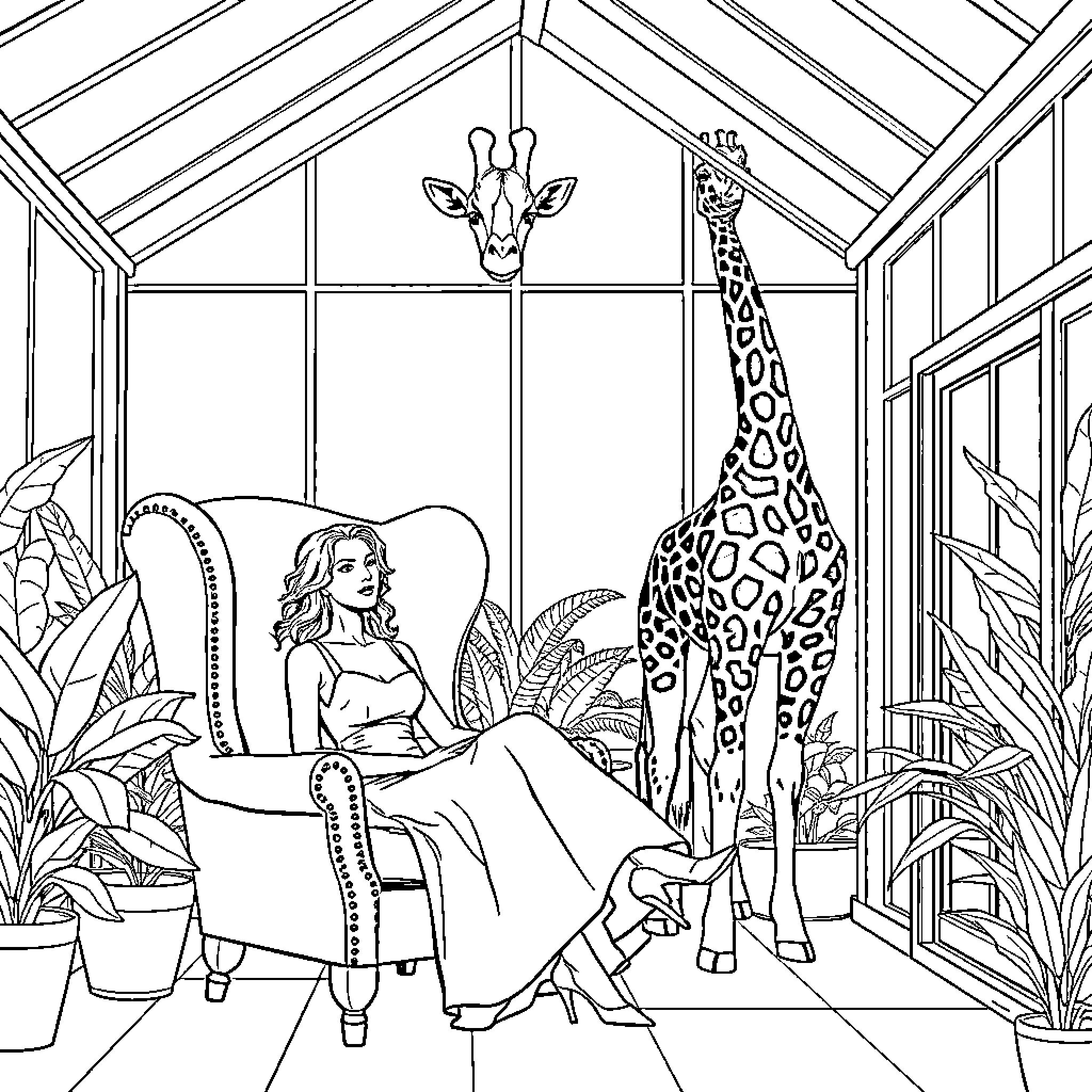 Woman relaxing in cozy greenhouse with giraffe Coloring Page (free black-and-white line drawing printable PDF for all, from beginners to advanced learners, including children, teens, adults, and seniors)