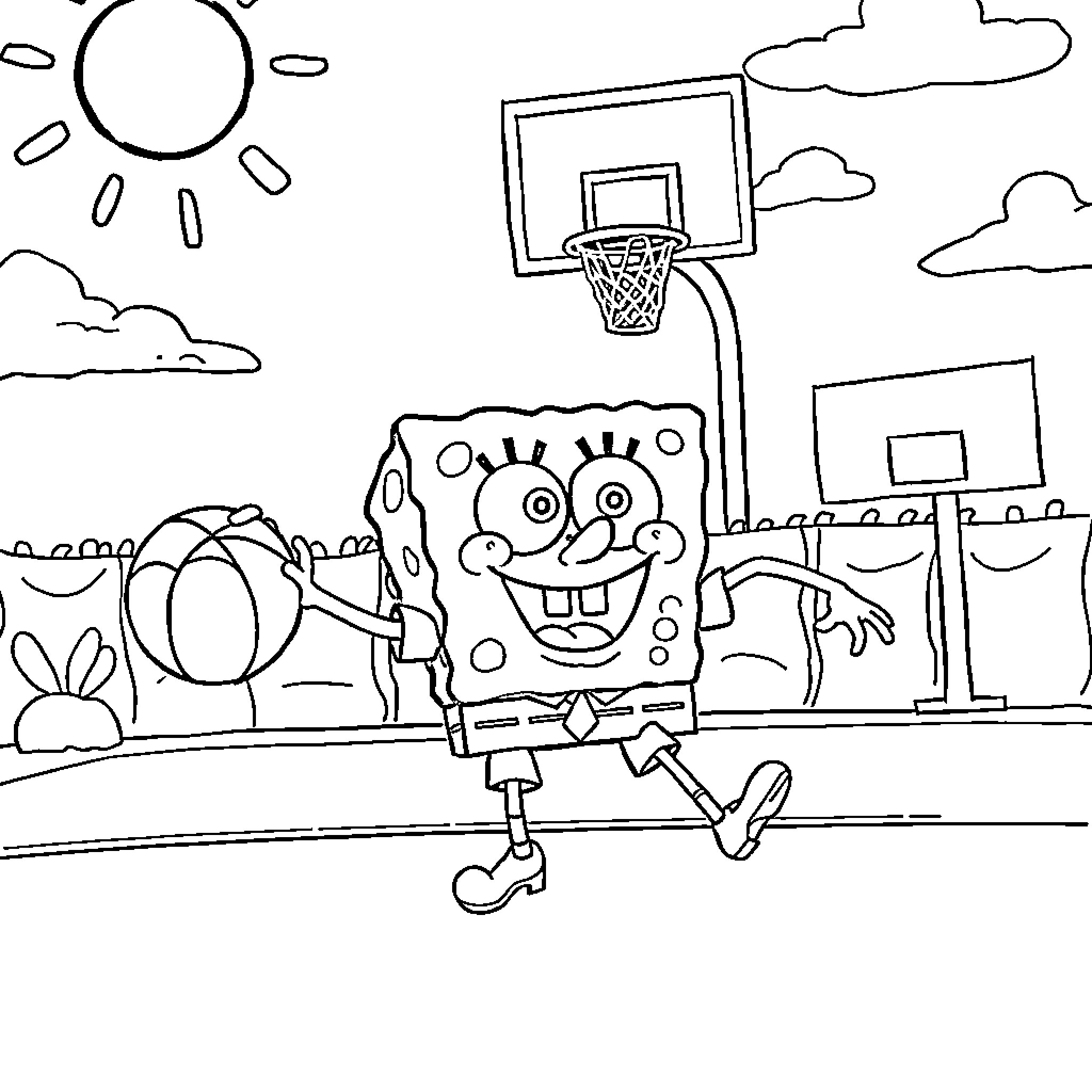 Spongebob playing basketball on a sunny day Coloring Page (free black-and-white line drawing printable PDF for all, from beginners to advanced learners, including children, teens, adults, and seniors)