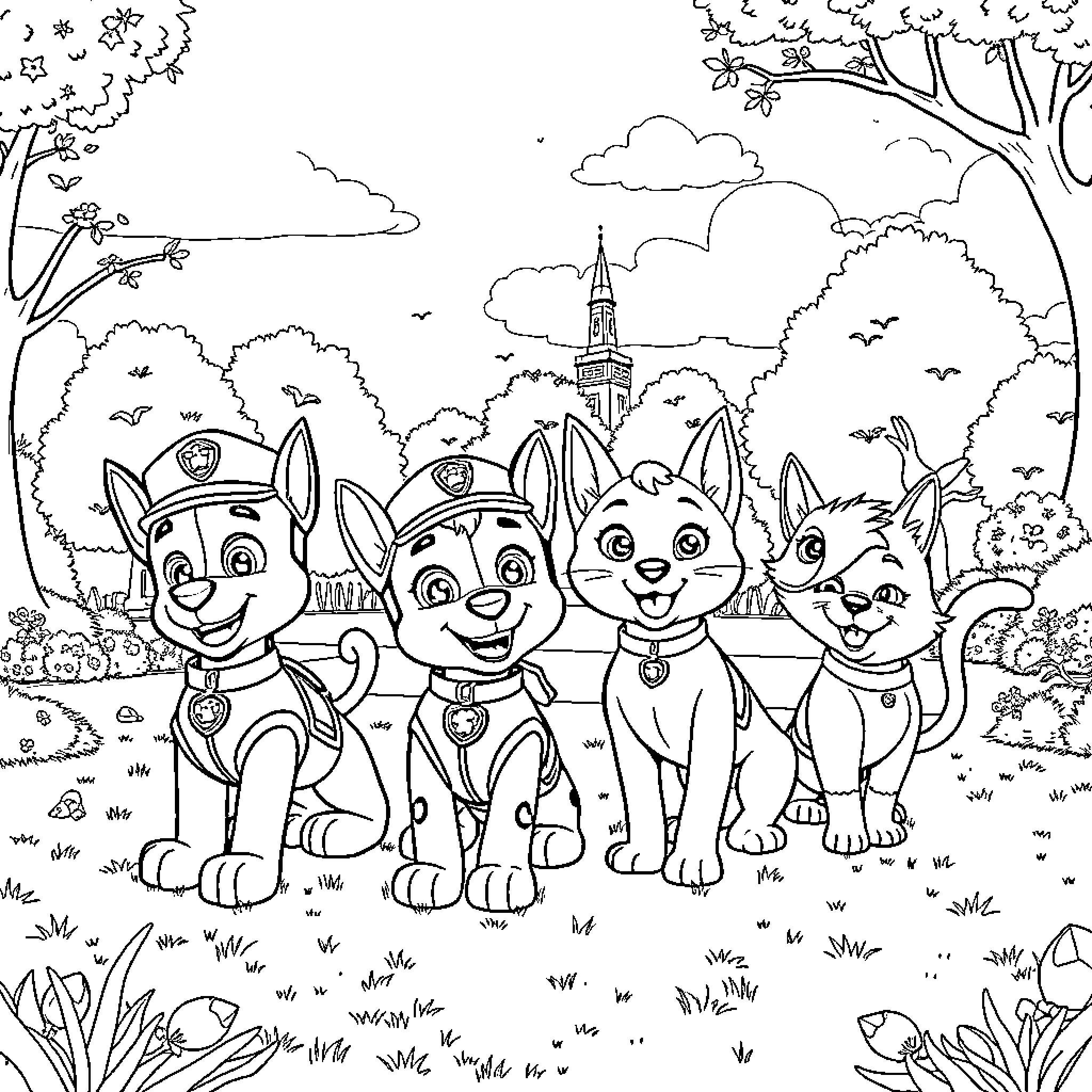 Pup patrol pups exploring the park Coloring Page (free black-and-white line drawing printable PDF for all, from beginners to advanced learners, including children, teens, adults, and seniors)