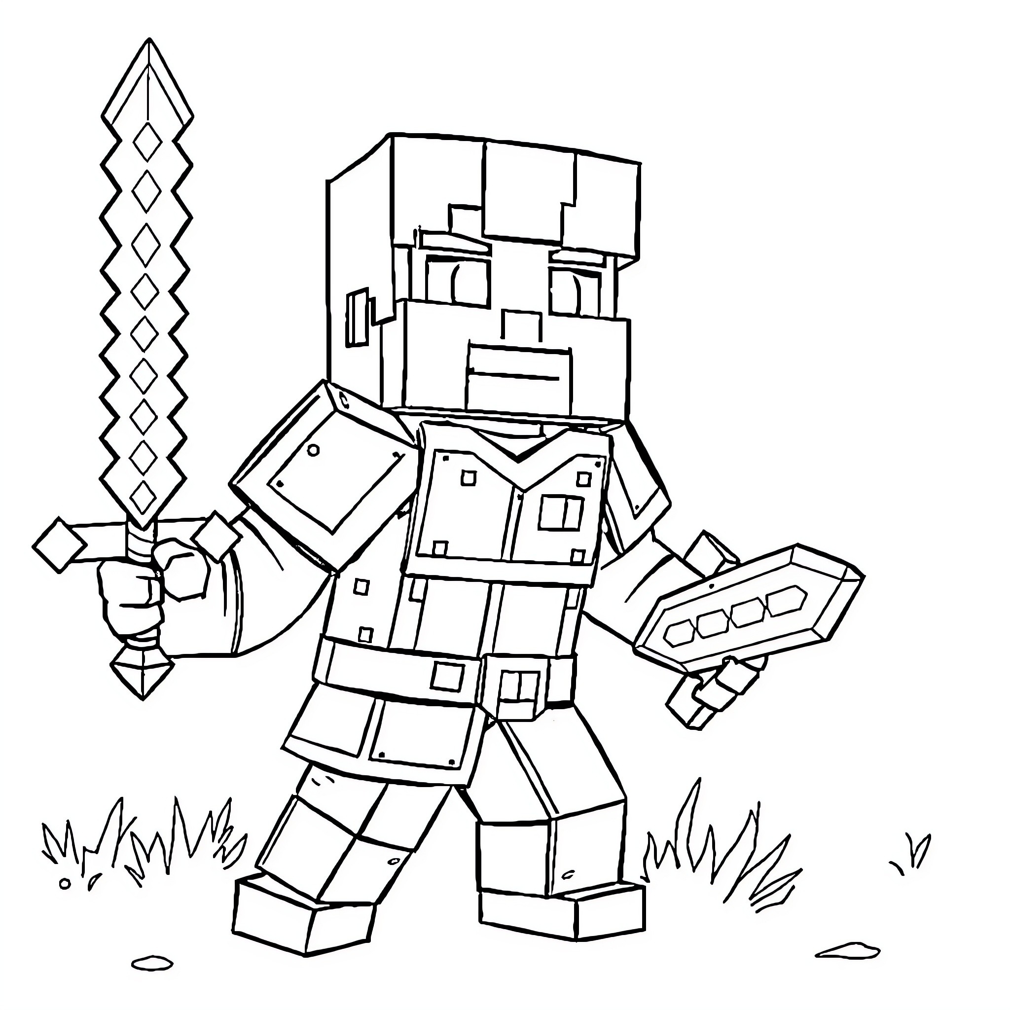 Dennis the Minecraft Warrior with Sword and Armor Coloring Page (free black-and-white line drawing printable PDF for all, from beginners to advanced learners, including children, teens, adults, and seniors)