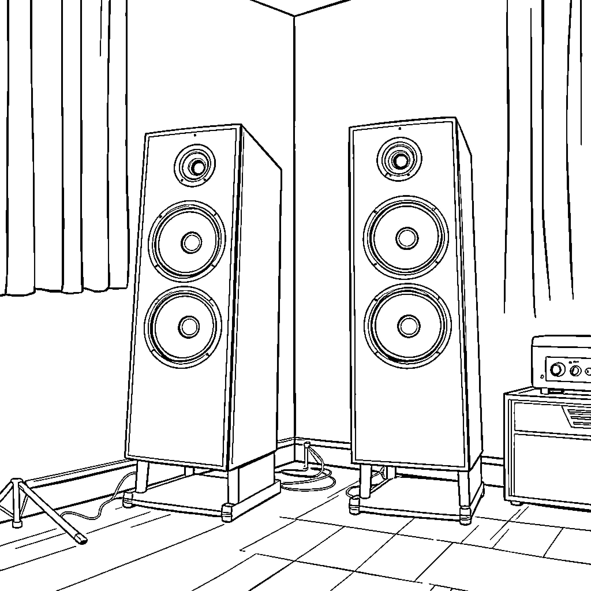 Speaker Setup in Music Recording Studio Coloring Page (free black-and-white line drawing printable PDF for all, from beginners to advanced learners, including children, teens, adults, and seniors)