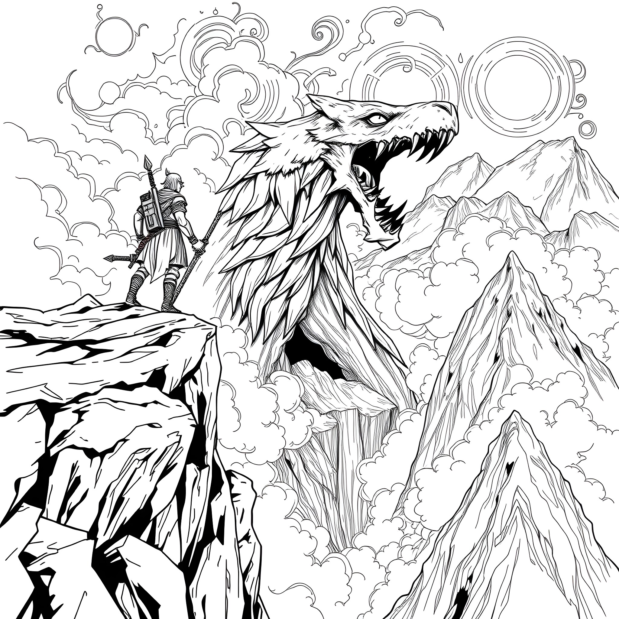 Warrior Confronting the Fearsome Dragon in the Clouded Mountains Coloring Page (free black-and-white line drawing printable PDF for all, from beginners to advanced learners, including children, teens, adults, and seniors)