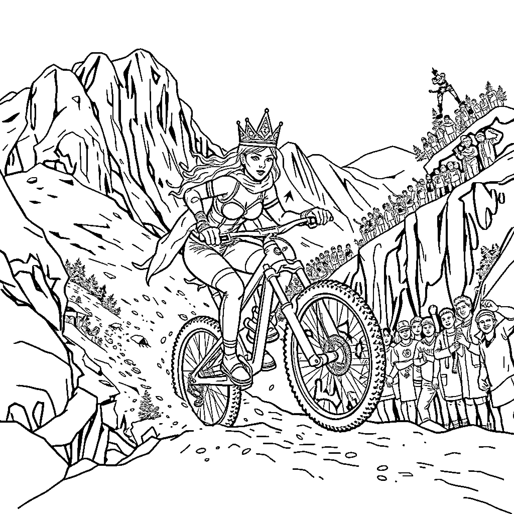 Ice Queen Racing on Bicycle through Snowy Mountains Coloring Page (free black-and-white line drawing printable PDF for all, from beginners to advanced learners, including children, teens, adults, and seniors)