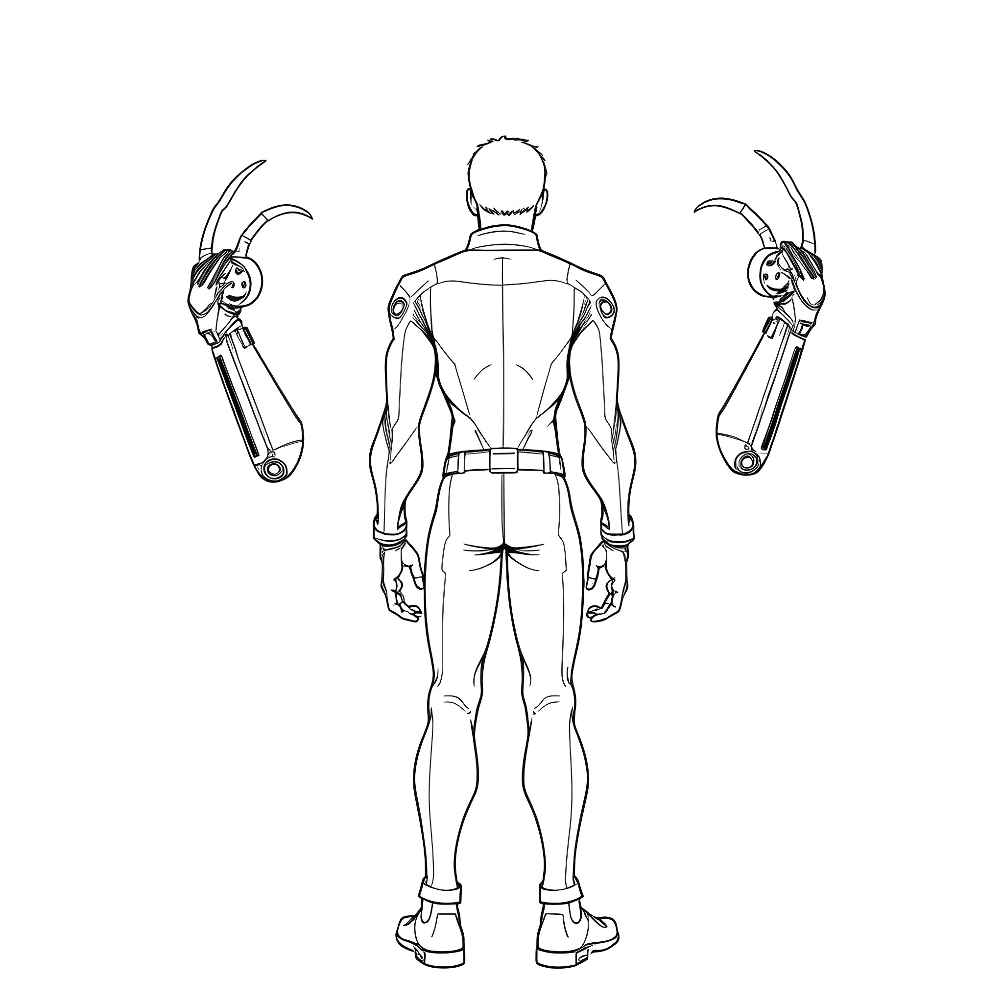 Man in mechanical suit with robotic arms Coloring Page (free black-and-white line drawing printable PDF for all, from beginners to advanced learners, including children, teens, adults, and seniors)