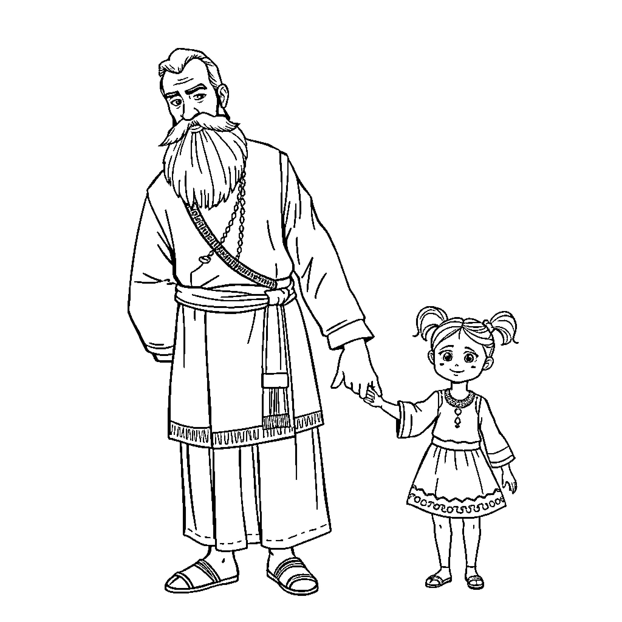 Turc Man and Child in Ceremonial Attire Coloring Page (free black-and-white line drawing printable PDF for all, from beginners to advanced learners, including children, teens, adults, and seniors)