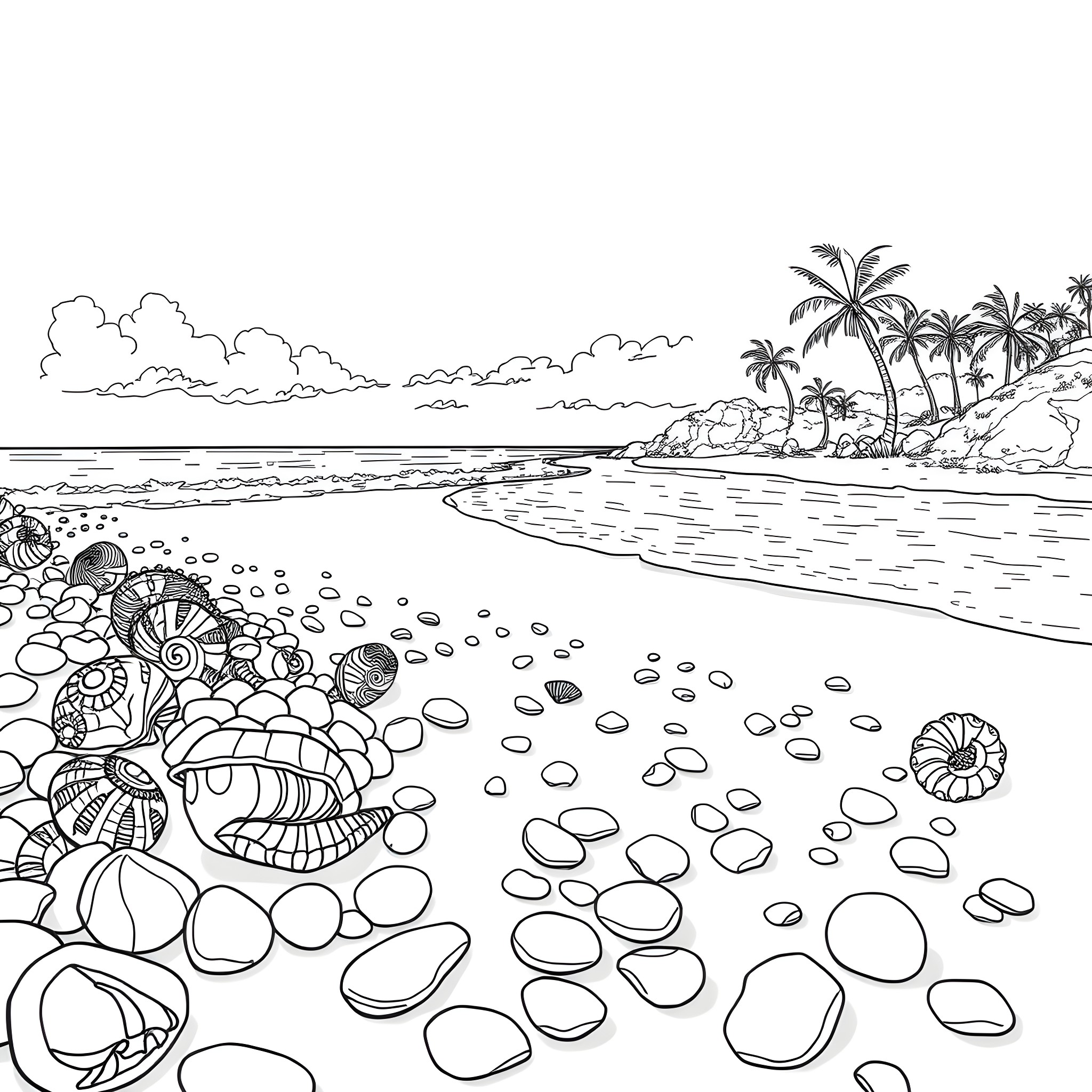 Seashell beach with palm trees and clouds Coloring Page (free black-and-white line drawing printable PDF for all, from beginners to advanced learners, including children, teens, adults, and seniors)