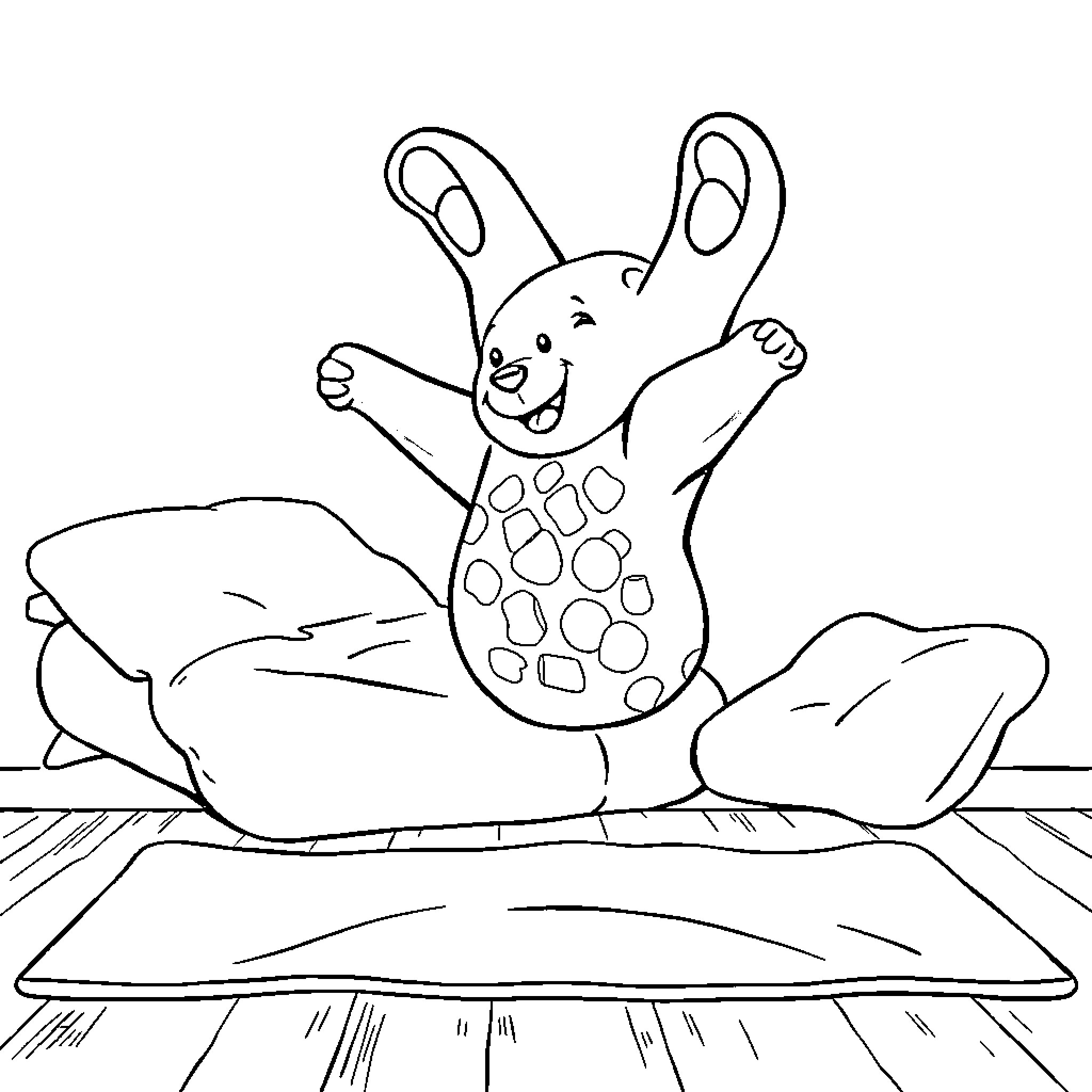 Gummy Bear excitedly jumping on bed Coloring Page (free black-and-white line drawing printable PDF for all, from beginners to advanced learners, including children, teens, adults, and seniors)