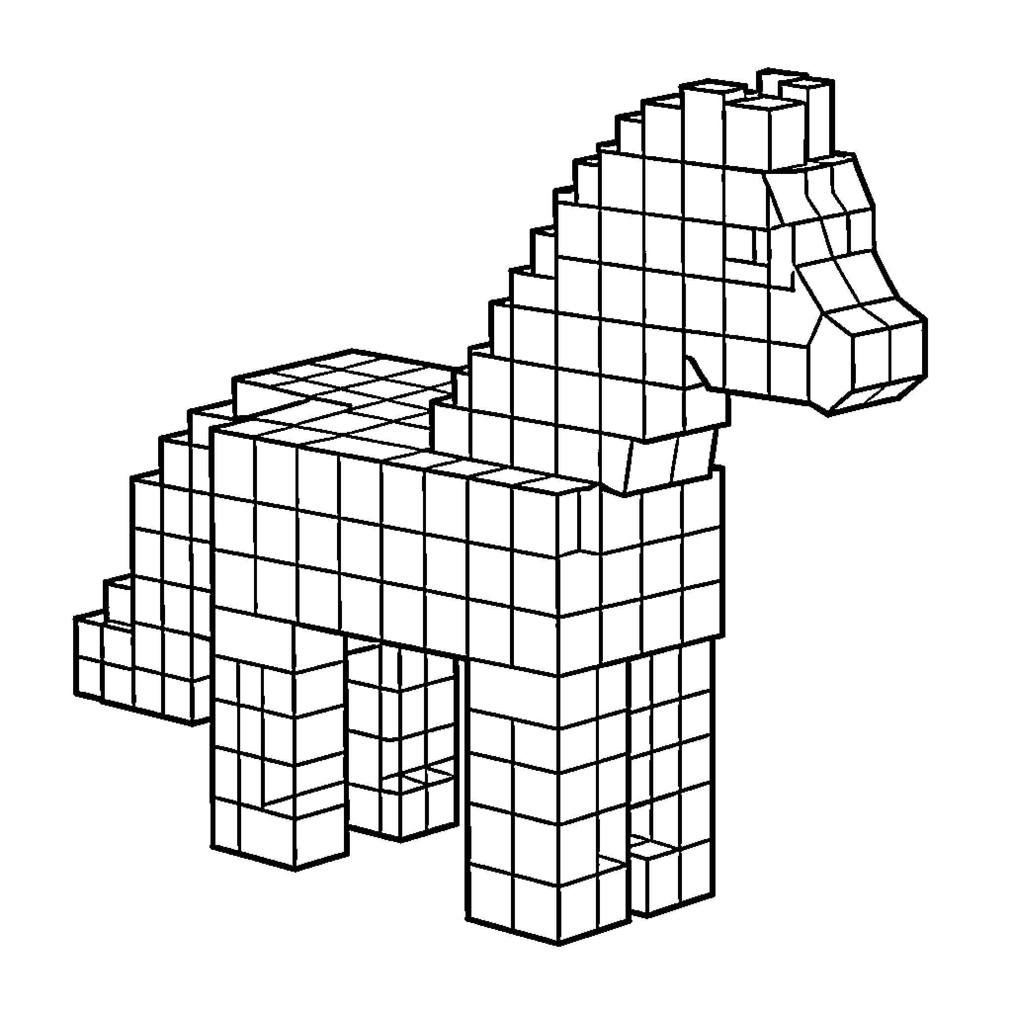 Minecraft Horse made of Cubes Coloring Page (free black-and-white line drawing printable PDF for all, from beginners to advanced learners, including children, teens, adults, and seniors)