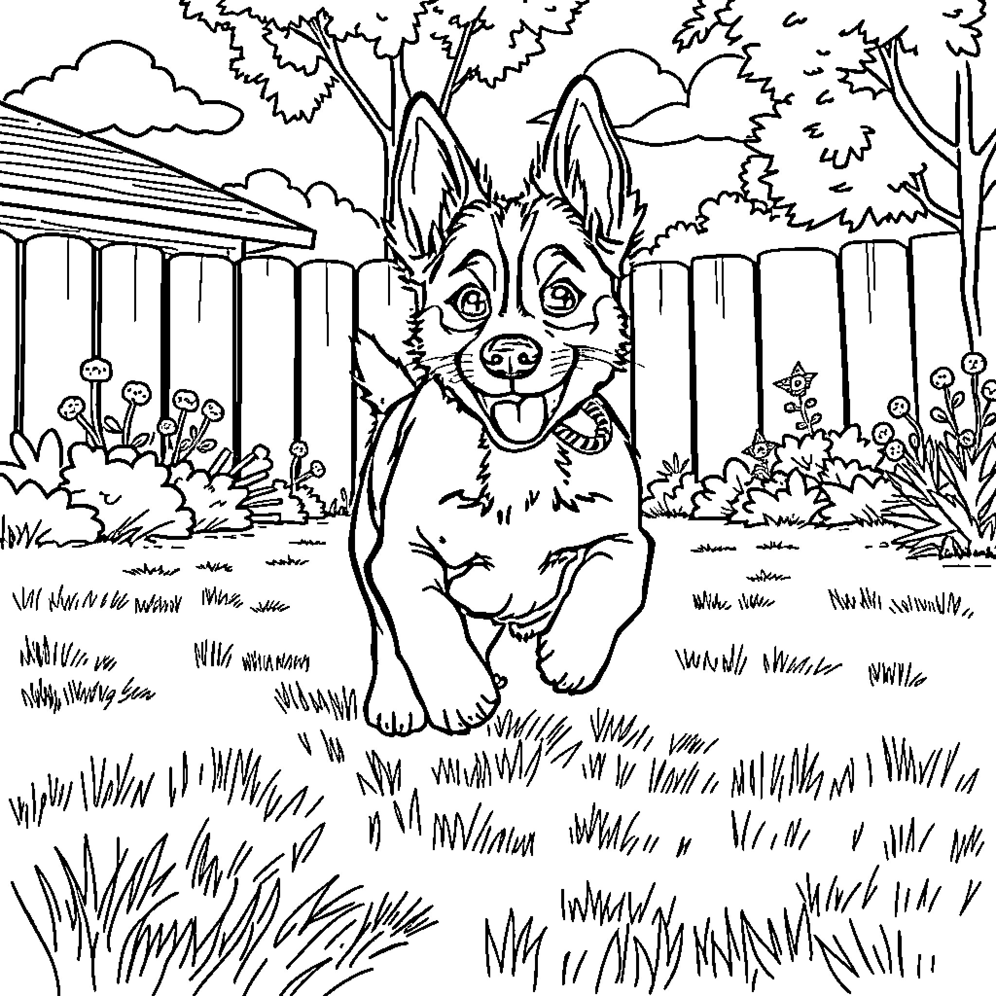 Bluey playing joyfully in the backyard Coloring Page (free black-and-white line drawing printable PDF for all, from beginners to advanced learners, including children, teens, adults, and seniors)