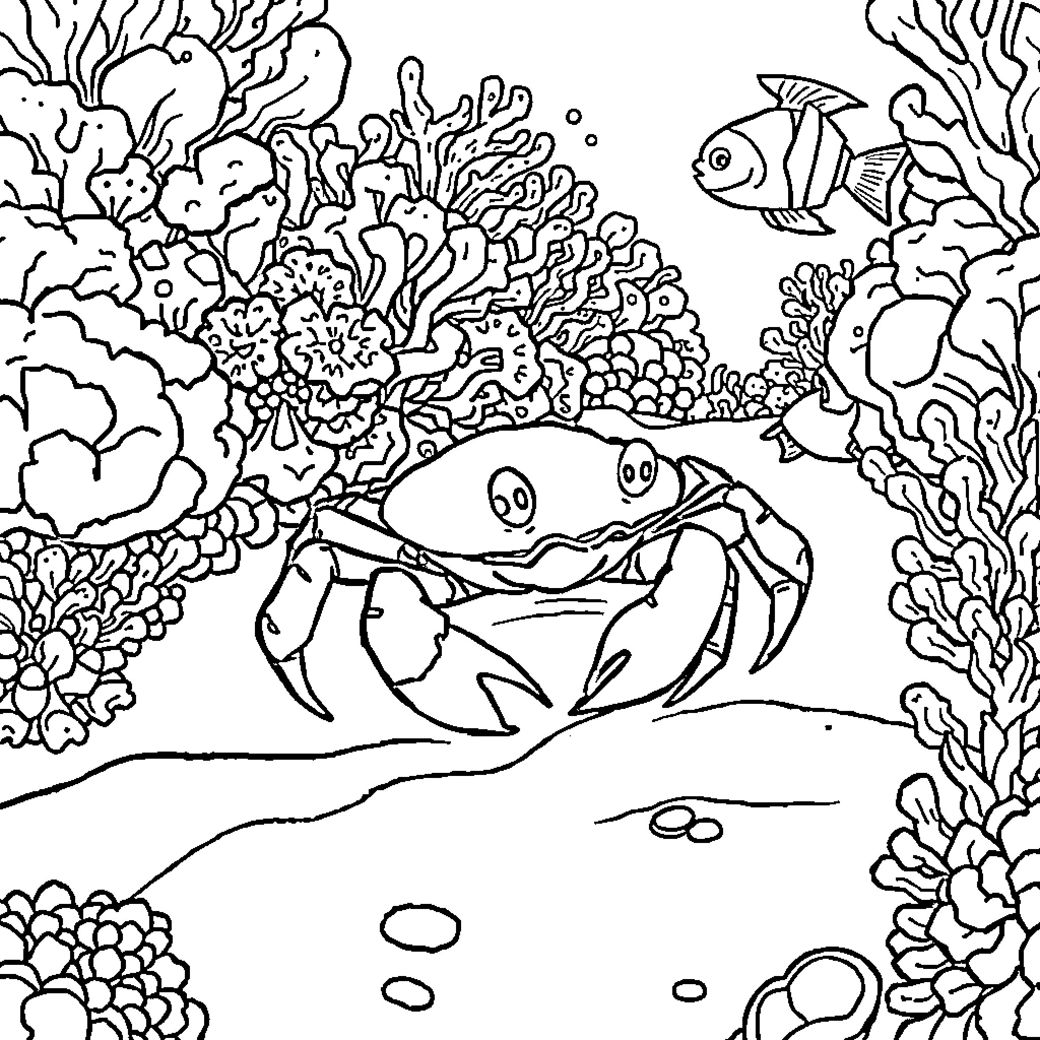 Crab exploring the vibrant underwater coral reef Coloring Page (free black-and-white line drawing printable PDF for all, from beginners to advanced learners, including children, teens, adults, and seniors)