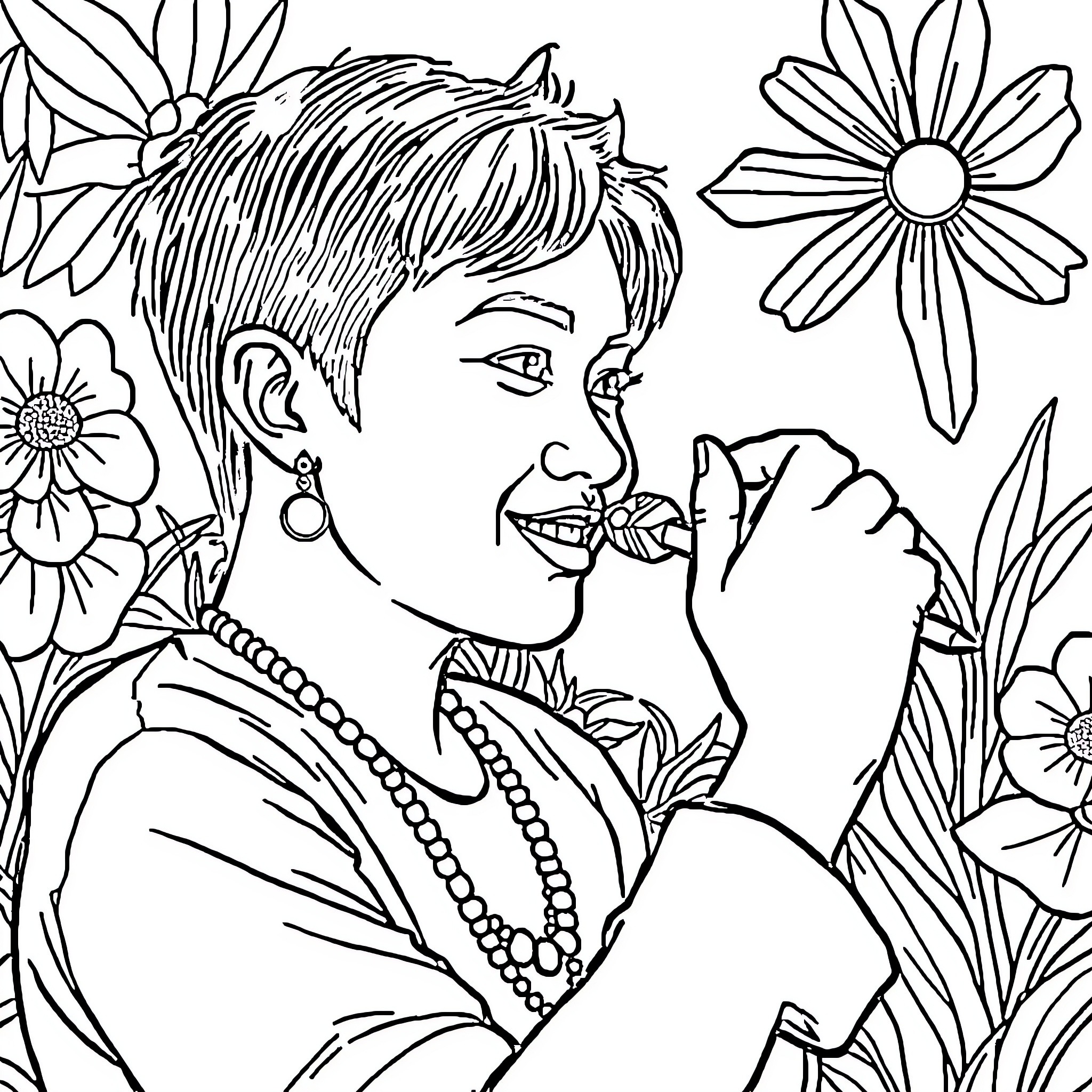 Filipino woman enjoying floral surroundings Coloring Page (free black-and-white line drawing printable PDF for all, from beginners to advanced learners, including children, teens, adults, and seniors)