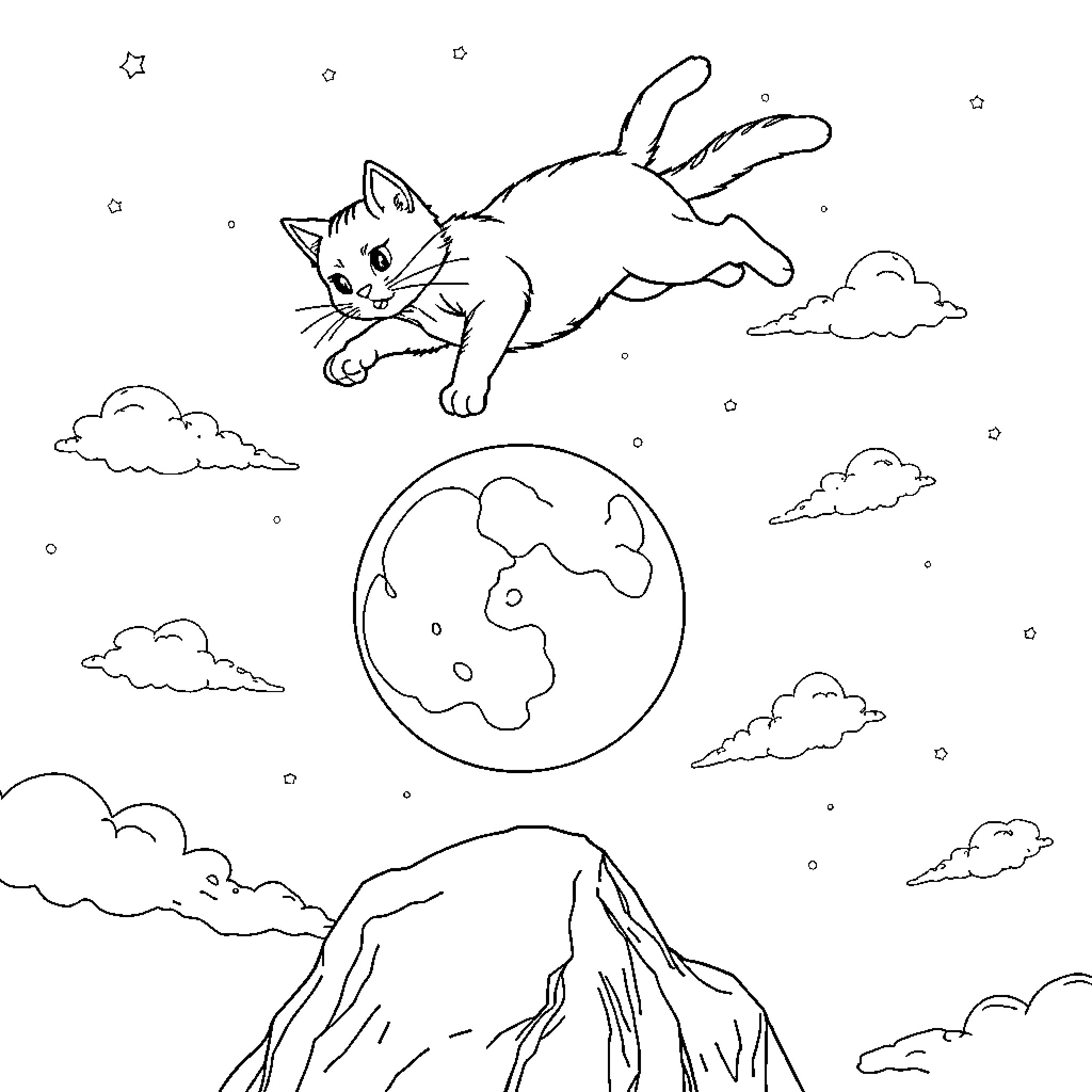 Cat flying over the world in the night sky Coloring Page (free black-and-white line drawing printable PDF for all, from beginners to advanced learners, including children, teens, adults, and seniors)