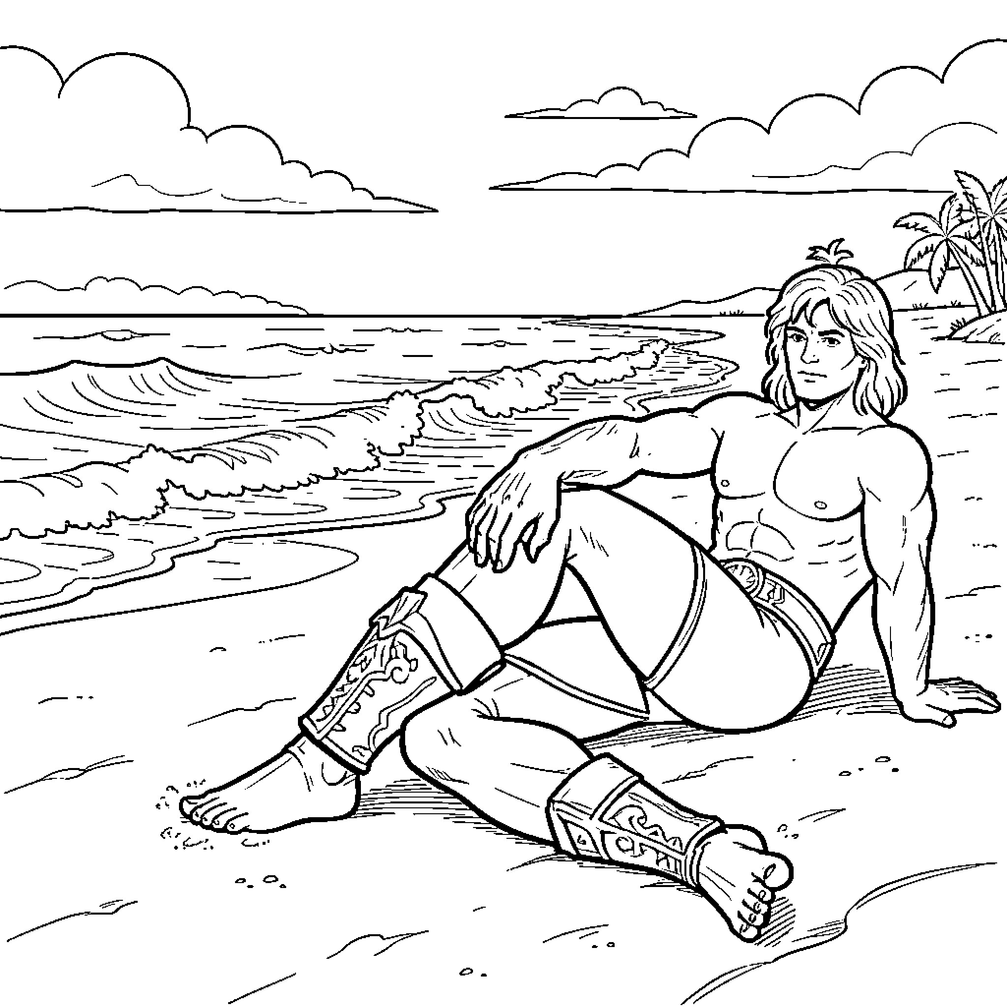 He-Man relaxing on a sandy beach Coloring Page (free black-and-white line drawing printable PDF for all, from beginners to advanced learners, including children, teens, adults, and seniors)