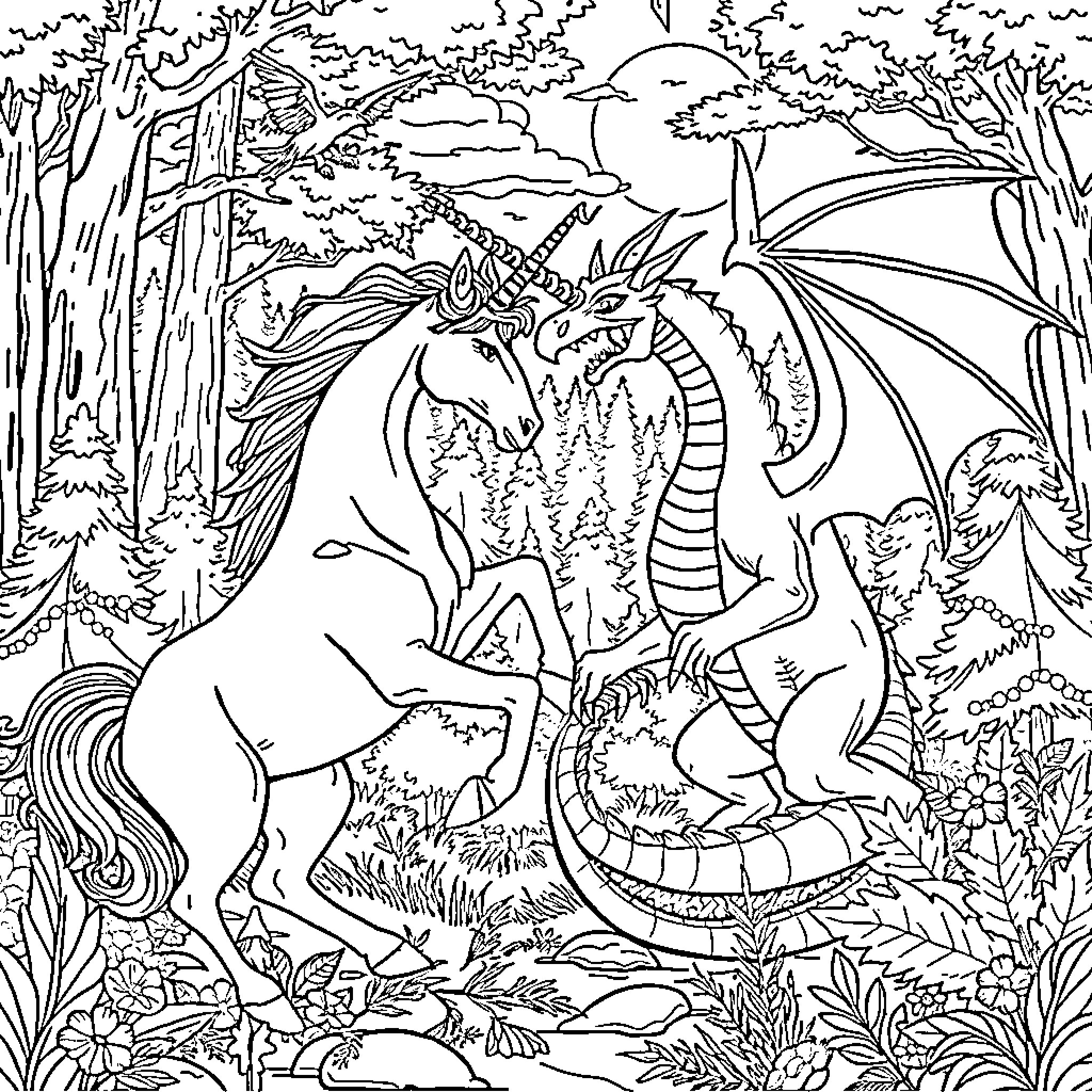 Unicorn and Dragon in a Magical Forest Coloring Page (free black-and-white line drawing printable PDF for all, from beginners to advanced learners, including children, teens, adults, and seniors)