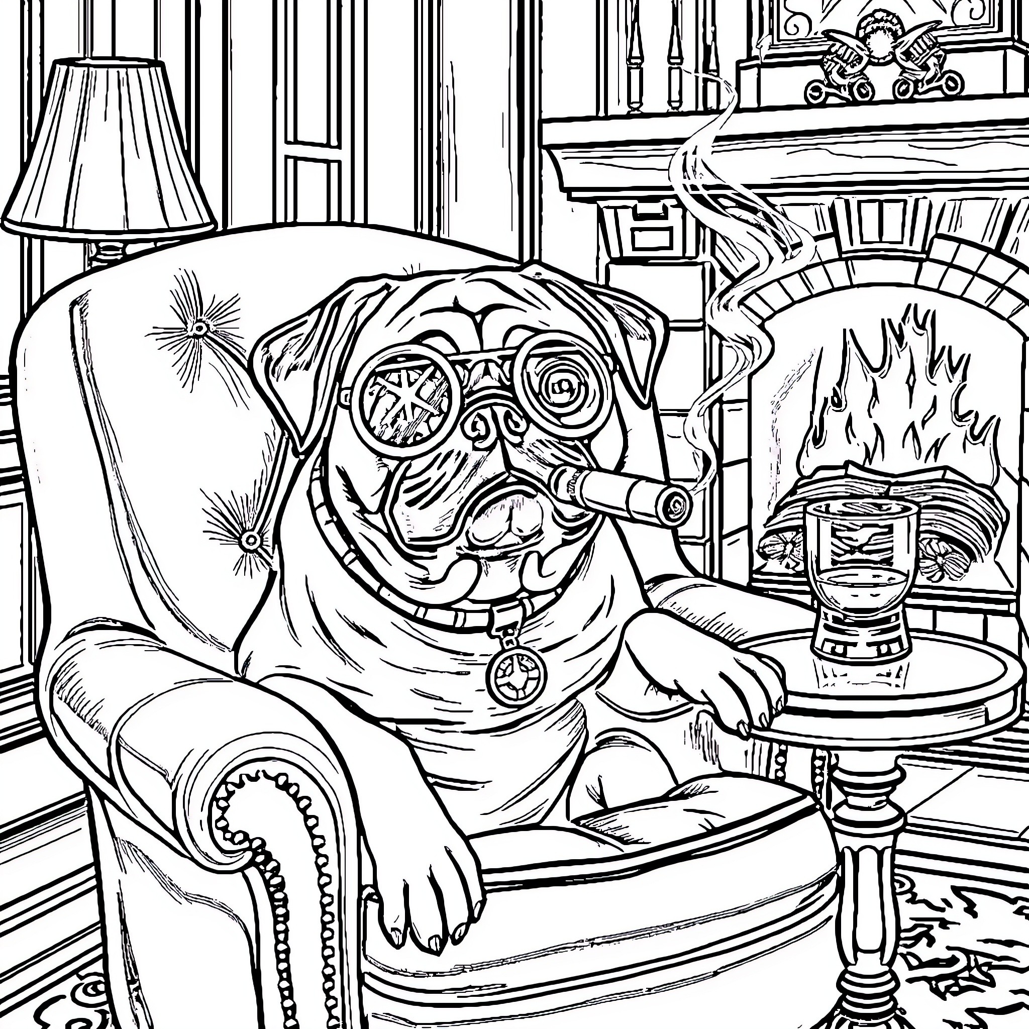 Pug relaxing by the fireplace in a cozy living room Coloring Page (free black-and-white line drawing printable PDF for all, from beginners to advanced learners, including children, teens, adults, and seniors)
