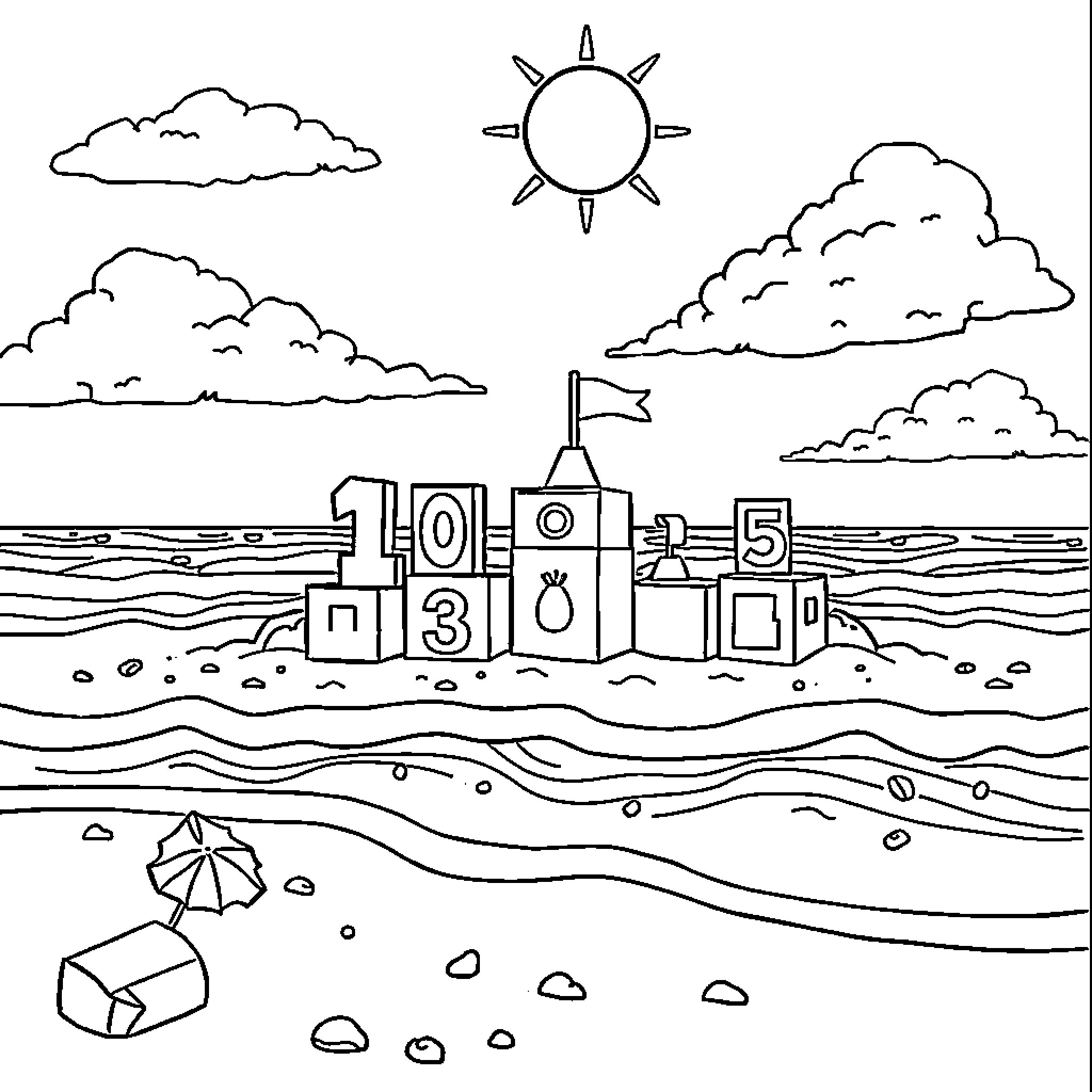 Number Sand Castle with Umbrella on the Beach Coloring Page (free black-and-white line drawing printable PDF for all, from beginners to advanced learners, including children, teens, adults, and seniors)