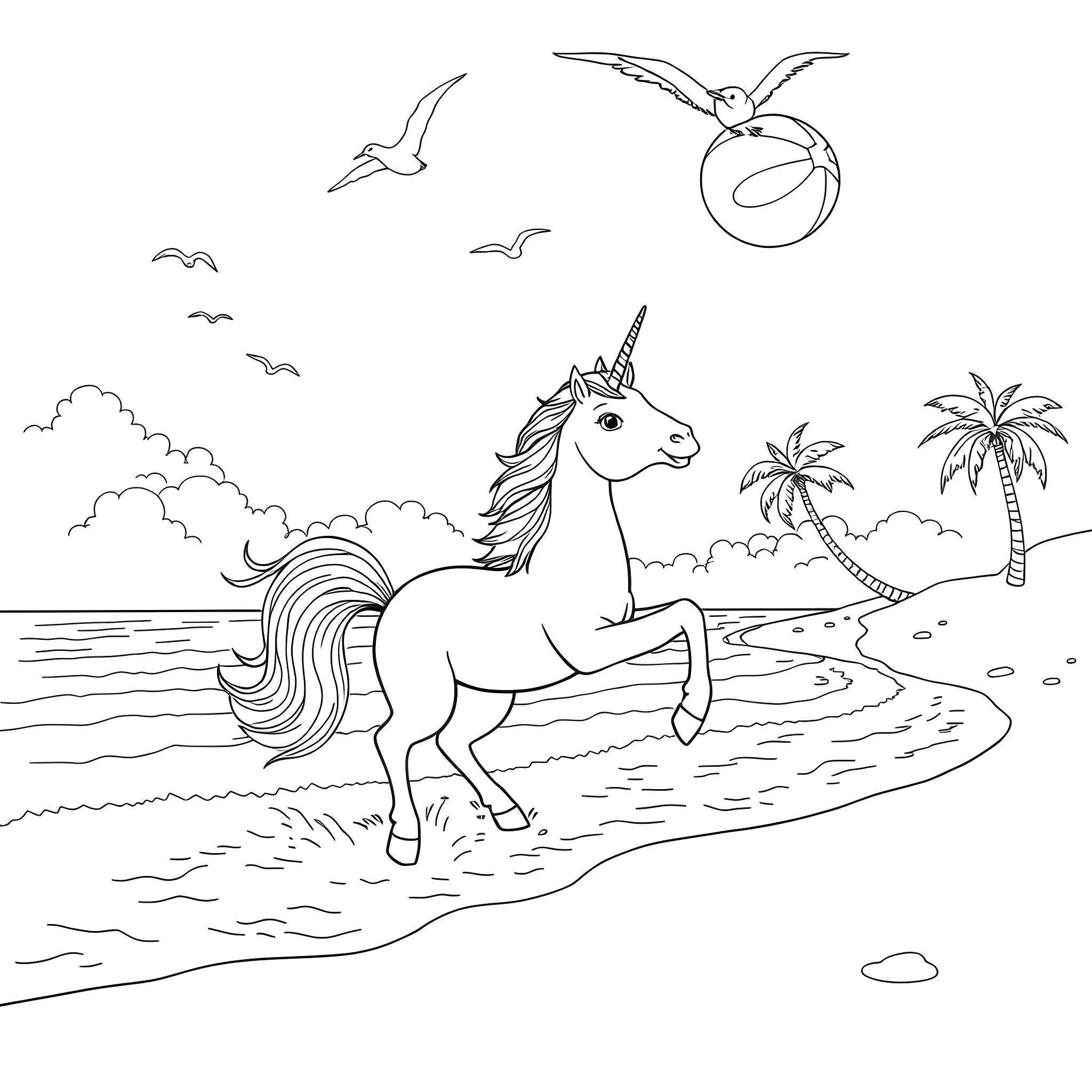 Unicorn walking on tropical beach with palm trees Coloring Page (free black-and-white line drawing printable PDF for all, from beginners to advanced learners, including children, teens, adults, and seniors)