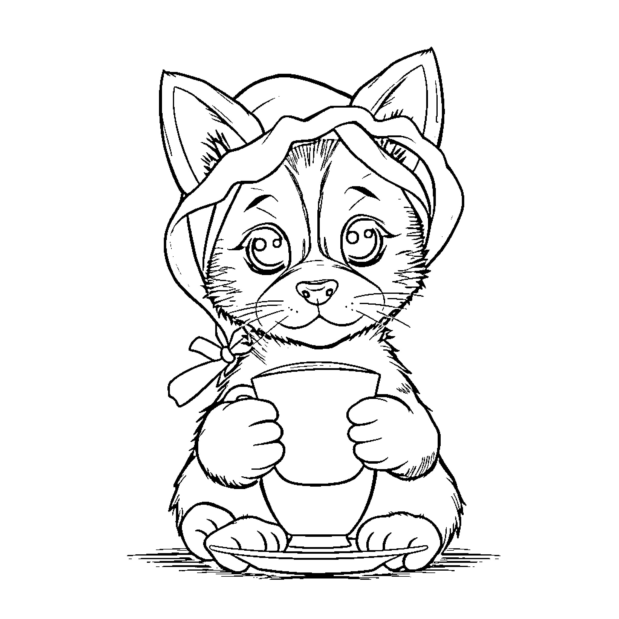 Cat-Dog Holding a Mug with Bow Coloring Page (free black-and-white line drawing printable PDF for all, from beginners to advanced learners, including children, teens, adults, and seniors)