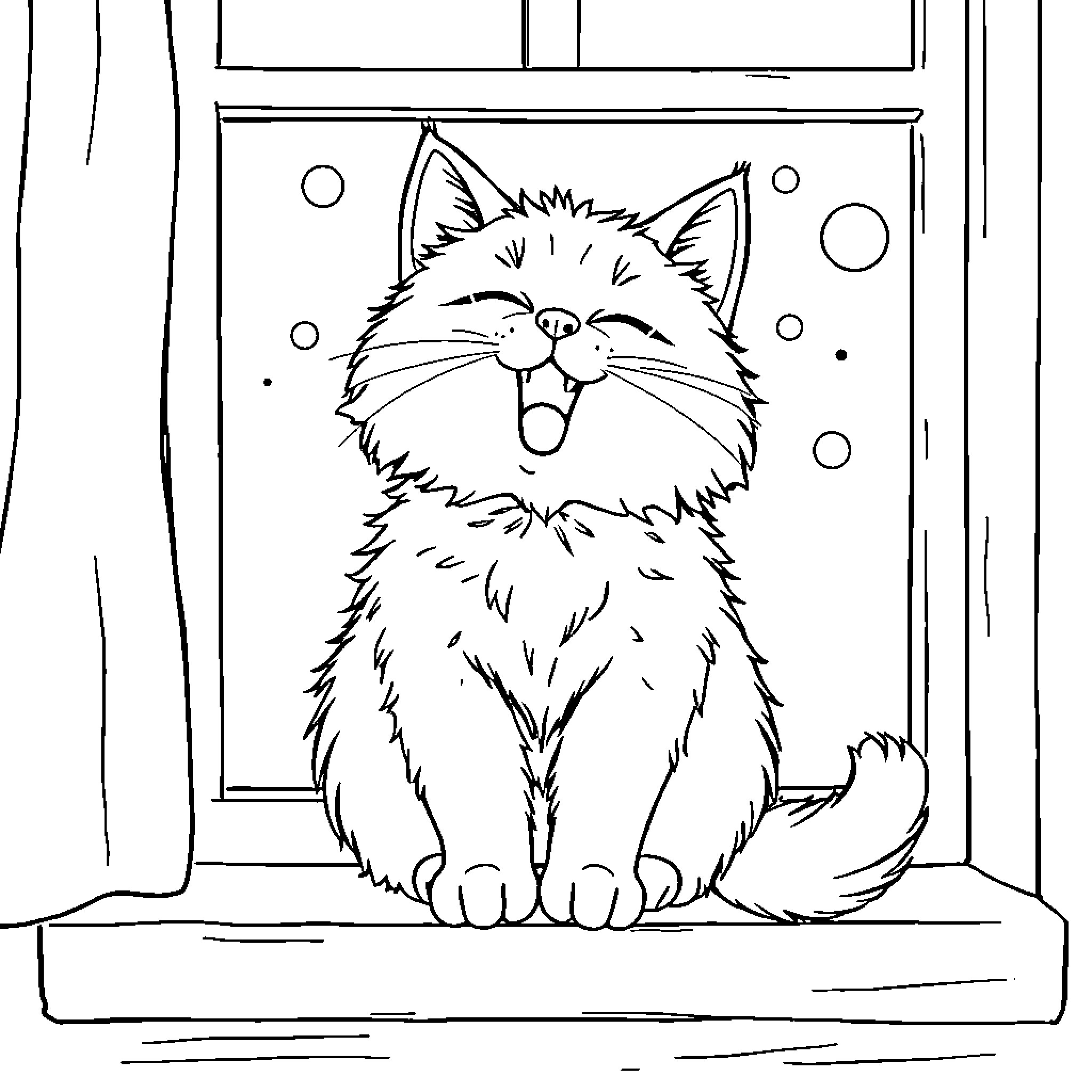 Cat joyfully sitting on windowsill Coloring Page (free black-and-white line drawing printable PDF for all, from beginners to advanced learners, including children, teens, adults, and seniors)
