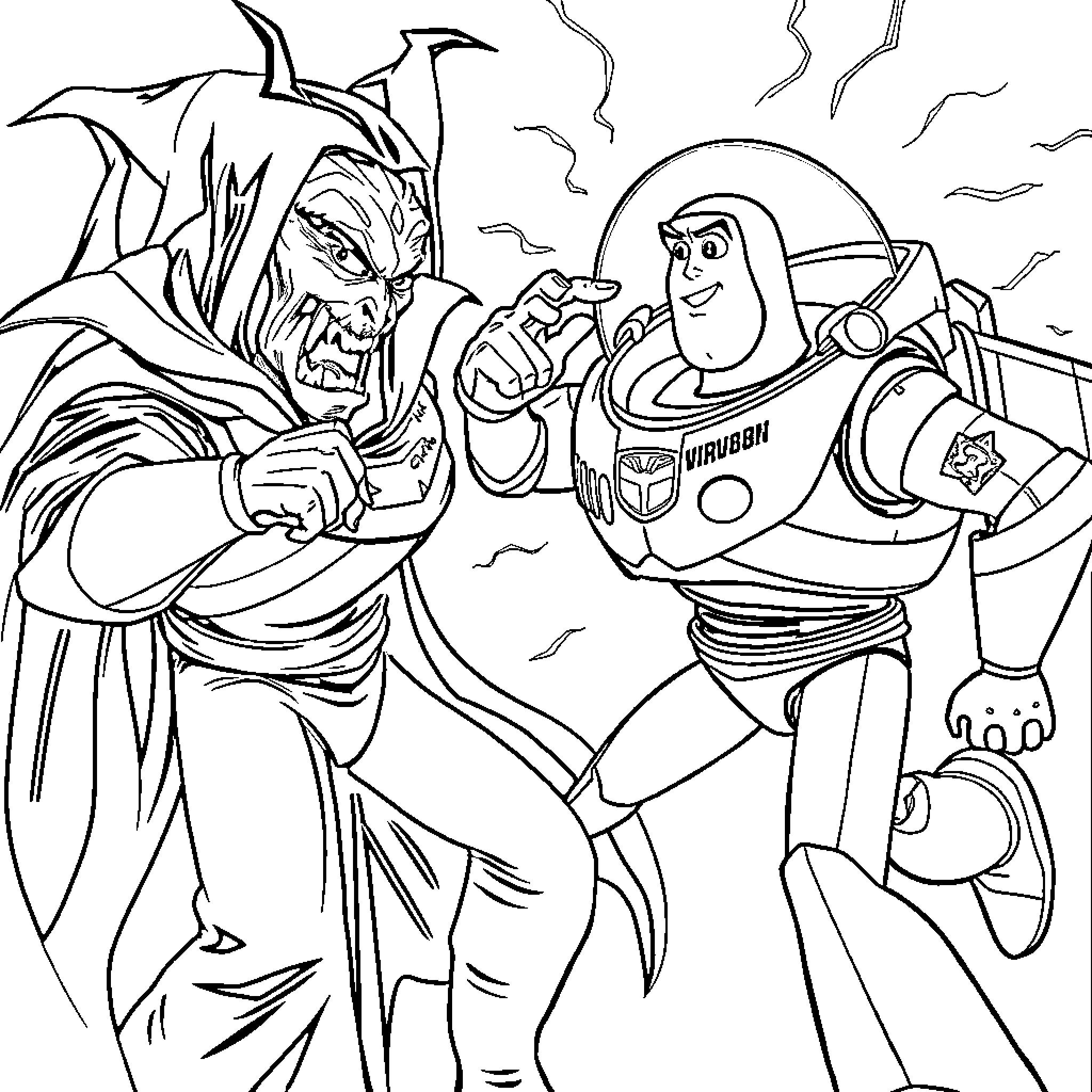 Buzz Lightyear confronting an intimidating villain Coloring Page (free black-and-white line drawing printable PDF for all, from beginners to advanced learners, including children, teens, adults, and seniors)