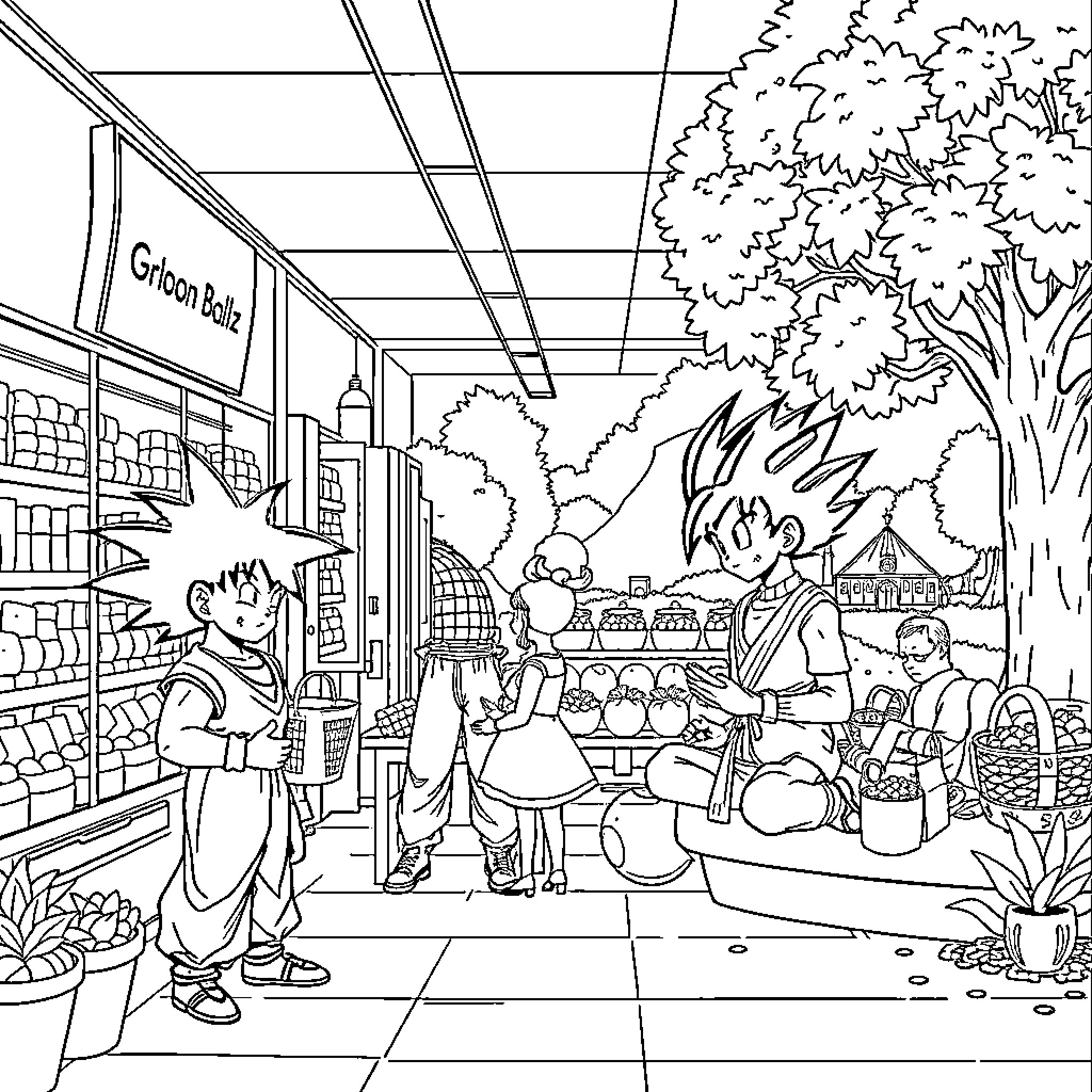 Dragon Ball Z Characters Shopping at the Green Grocer Coloring Page (free black-and-white line drawing printable PDF for all, from beginners to advanced learners, including children, teens, adults, and seniors)