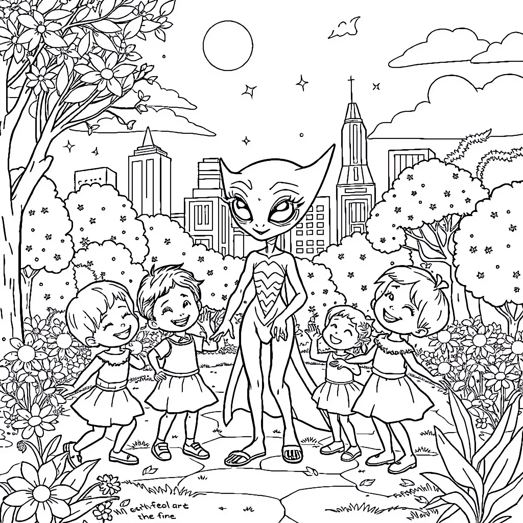 Extraterrestrial children encounter a curious alien in the city park Coloring Page (free black-and-white line drawing printable PDF for all, from beginners to advanced learners, including children, teens, adults, and seniors)